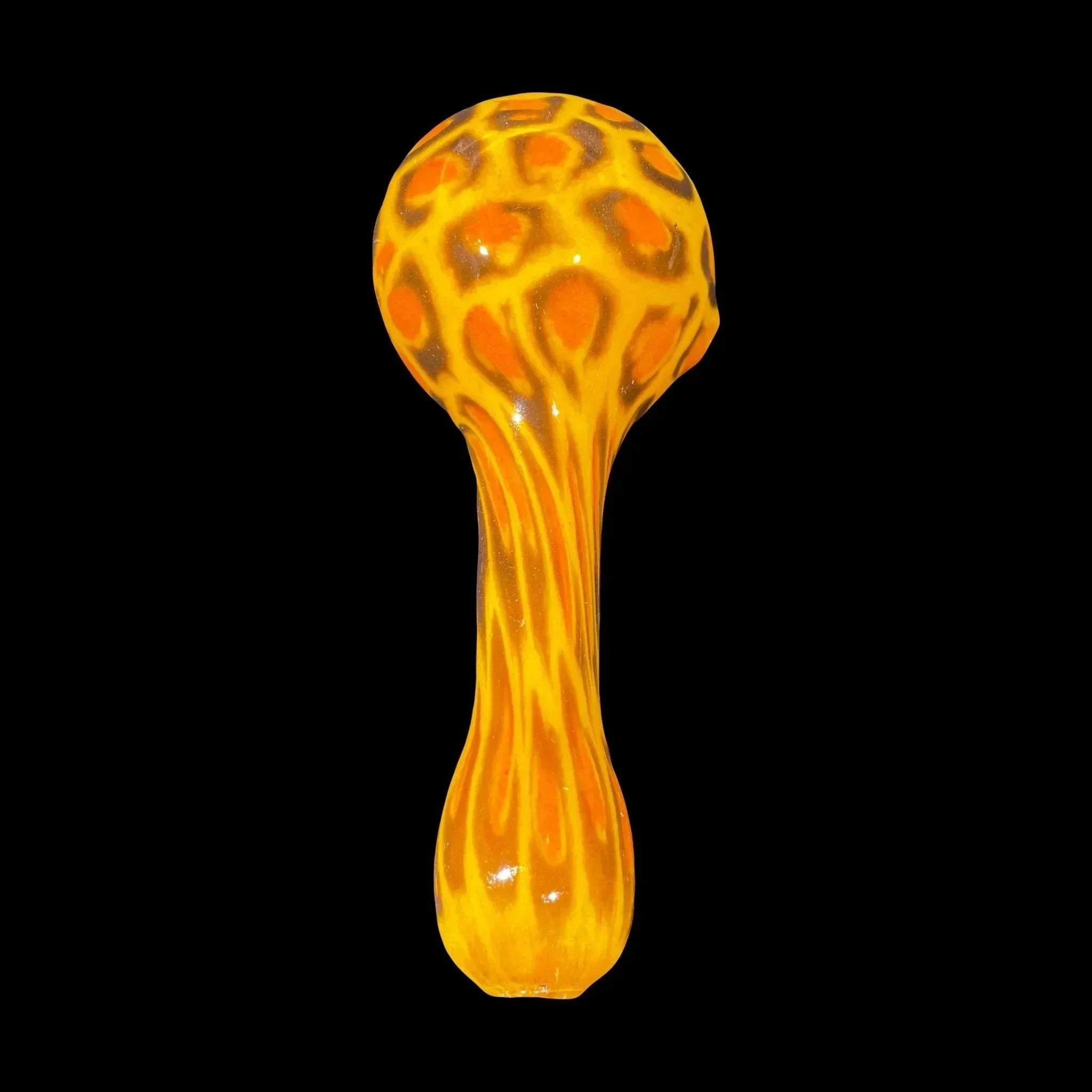 Hand-blown glass pipe with vibrant orange and yellow flame pattern on black background