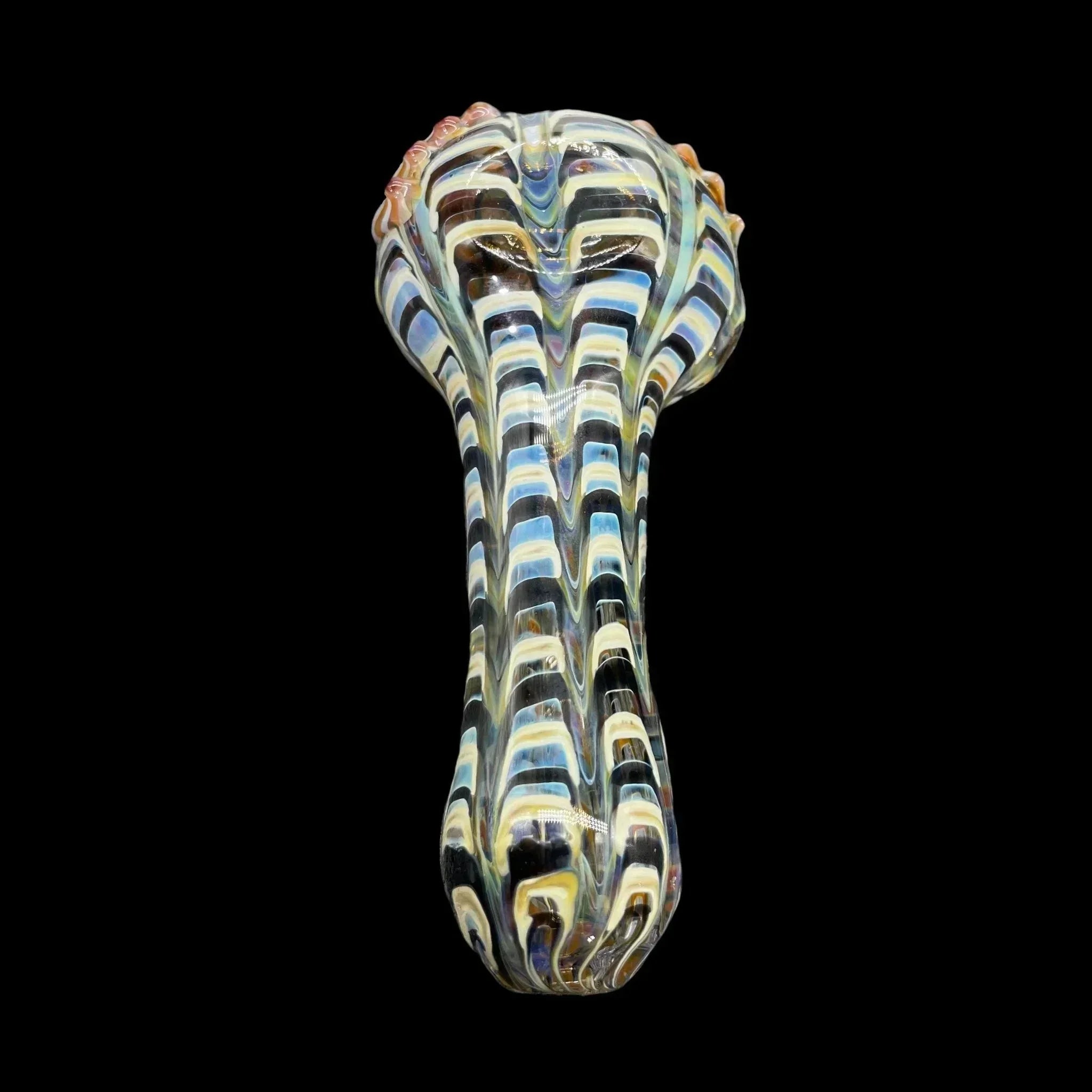 Hand-blown striped glass pipe with colorful patterns on a black background