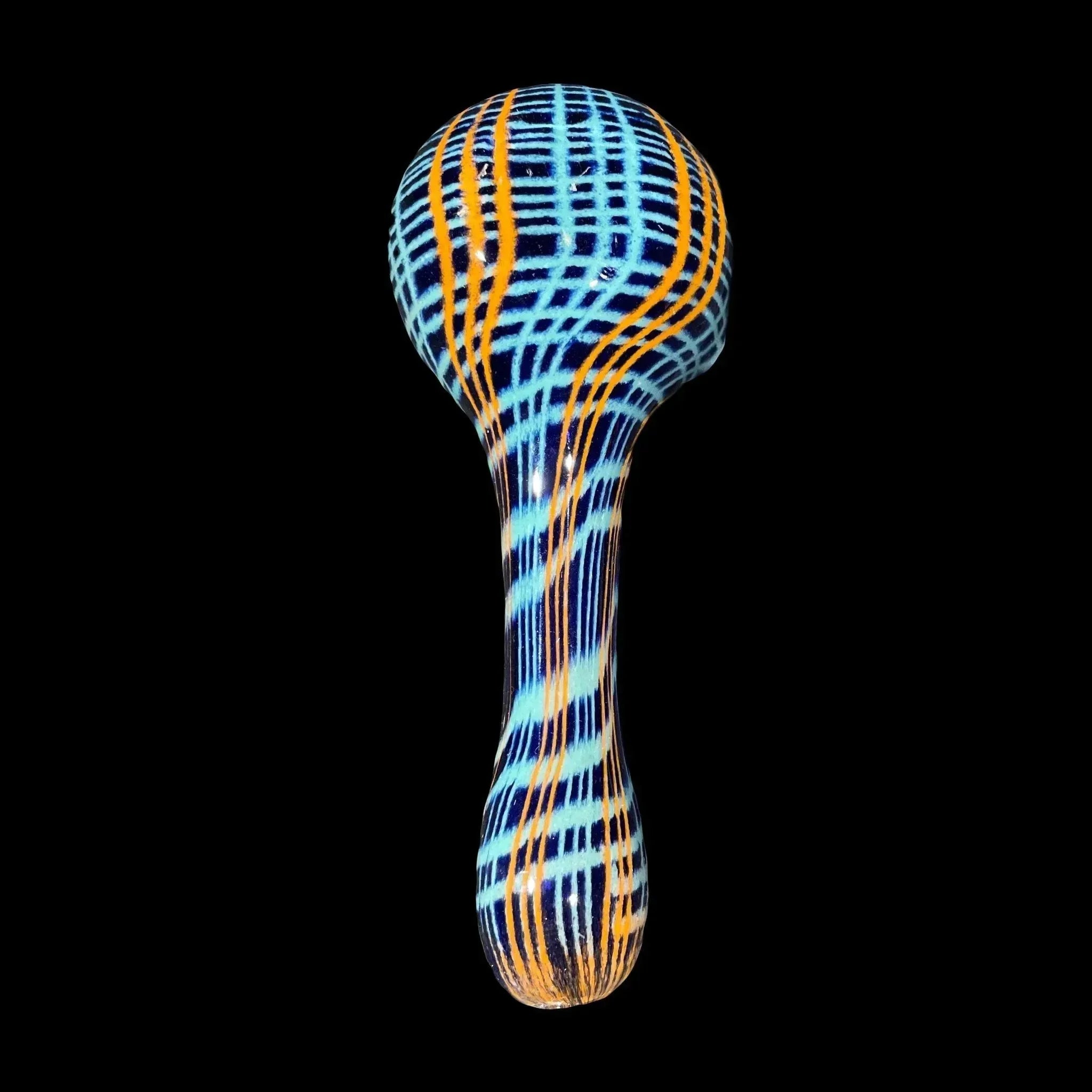 Colorful hand-blown glass pipe with blue, orange, and black striped pattern on black background