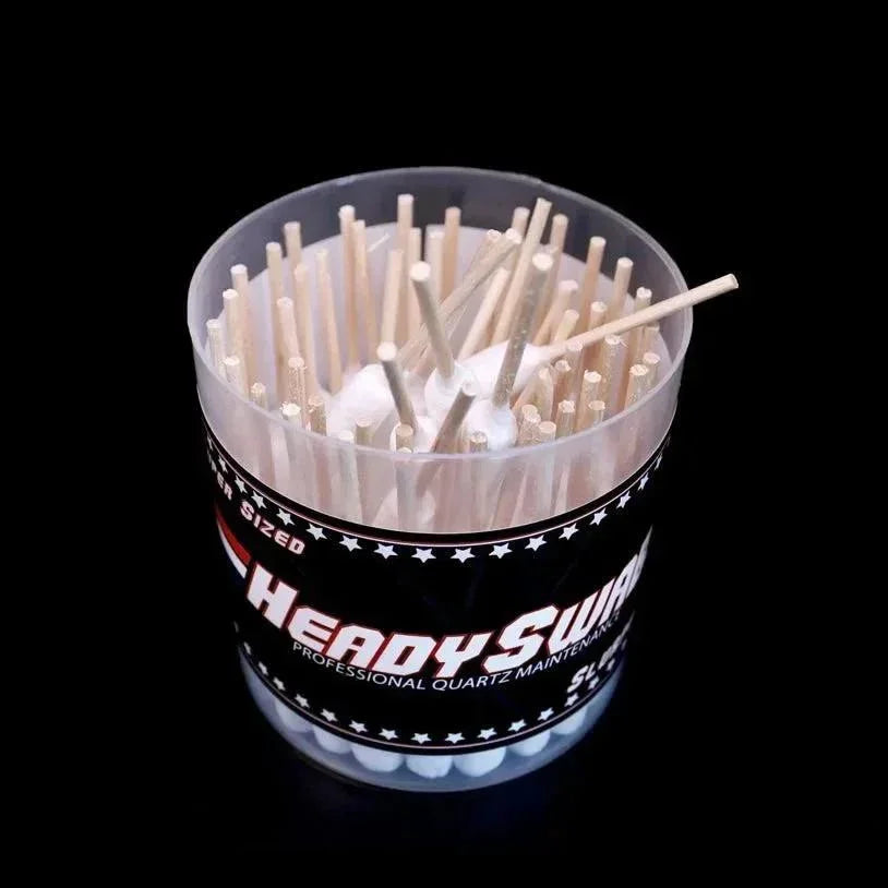 HeadySwabs professional quartz maintenance cotton swabs in a plastic container on black background