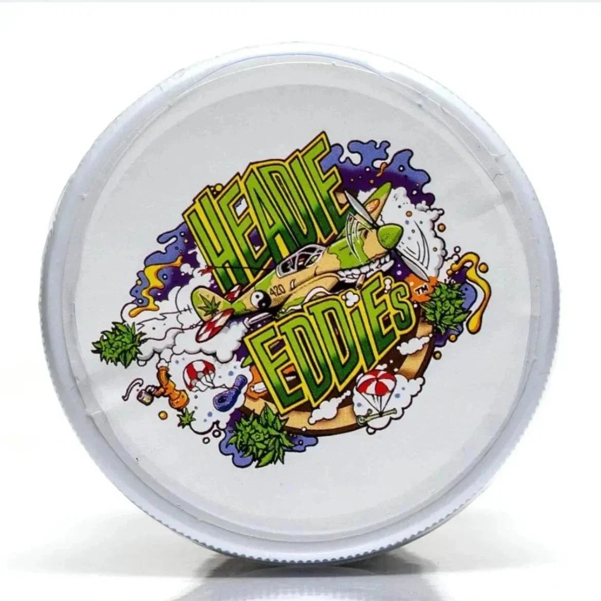 Heady Eddies round container lid with colorful weed-themed cartoon artwork and logo