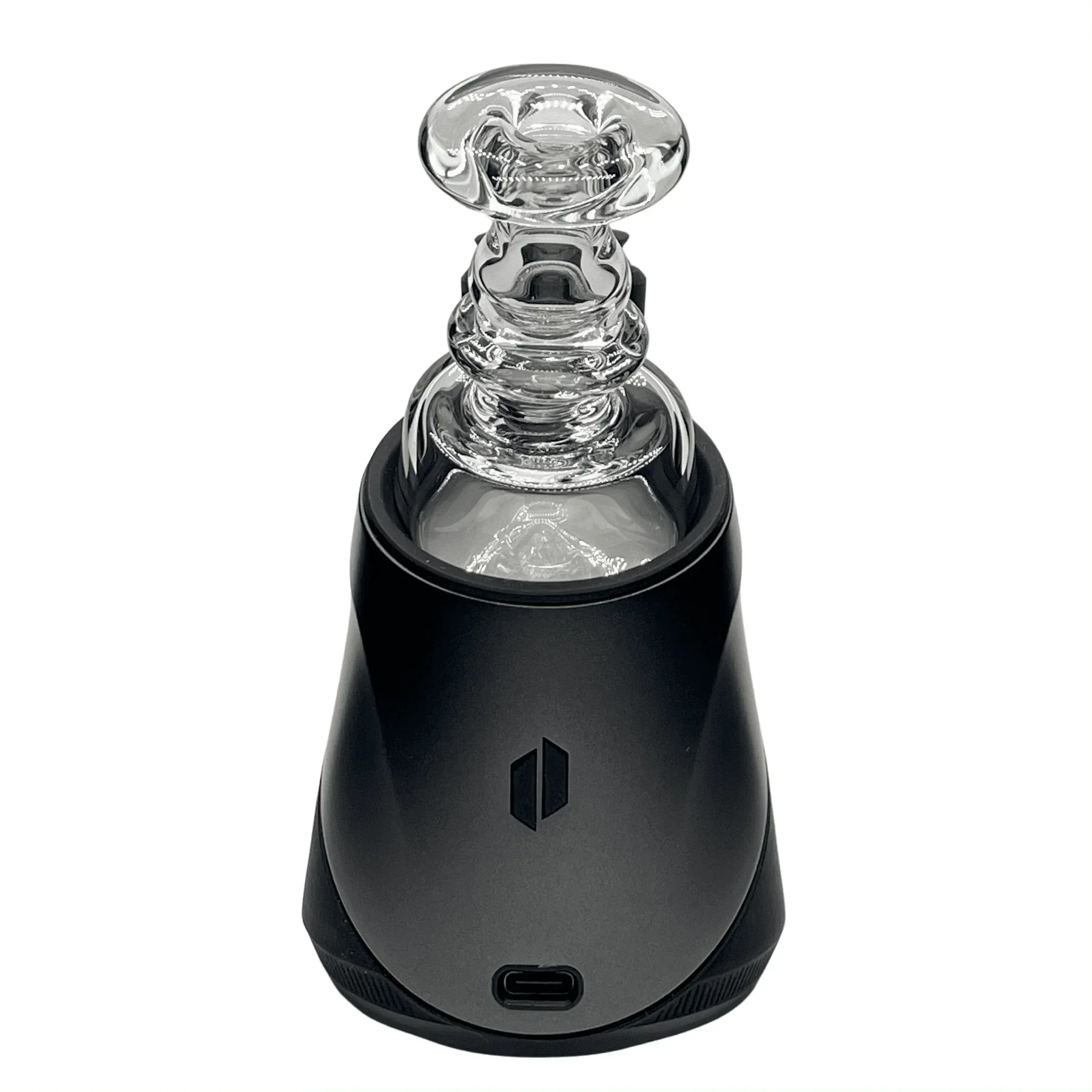 Electric vaporizer with clear glass mouthpiece and black base for concentrate use