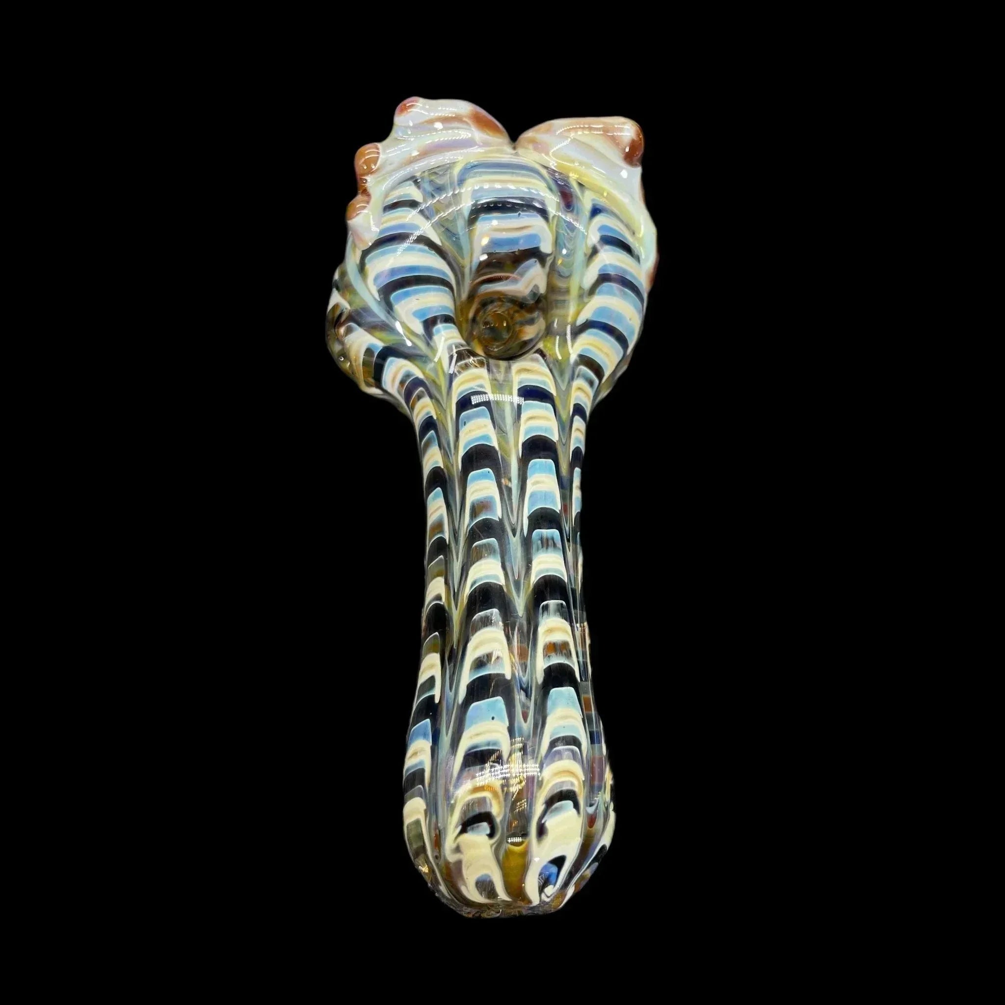 Colorful striped glass hand pipe with unique pattern on a black background