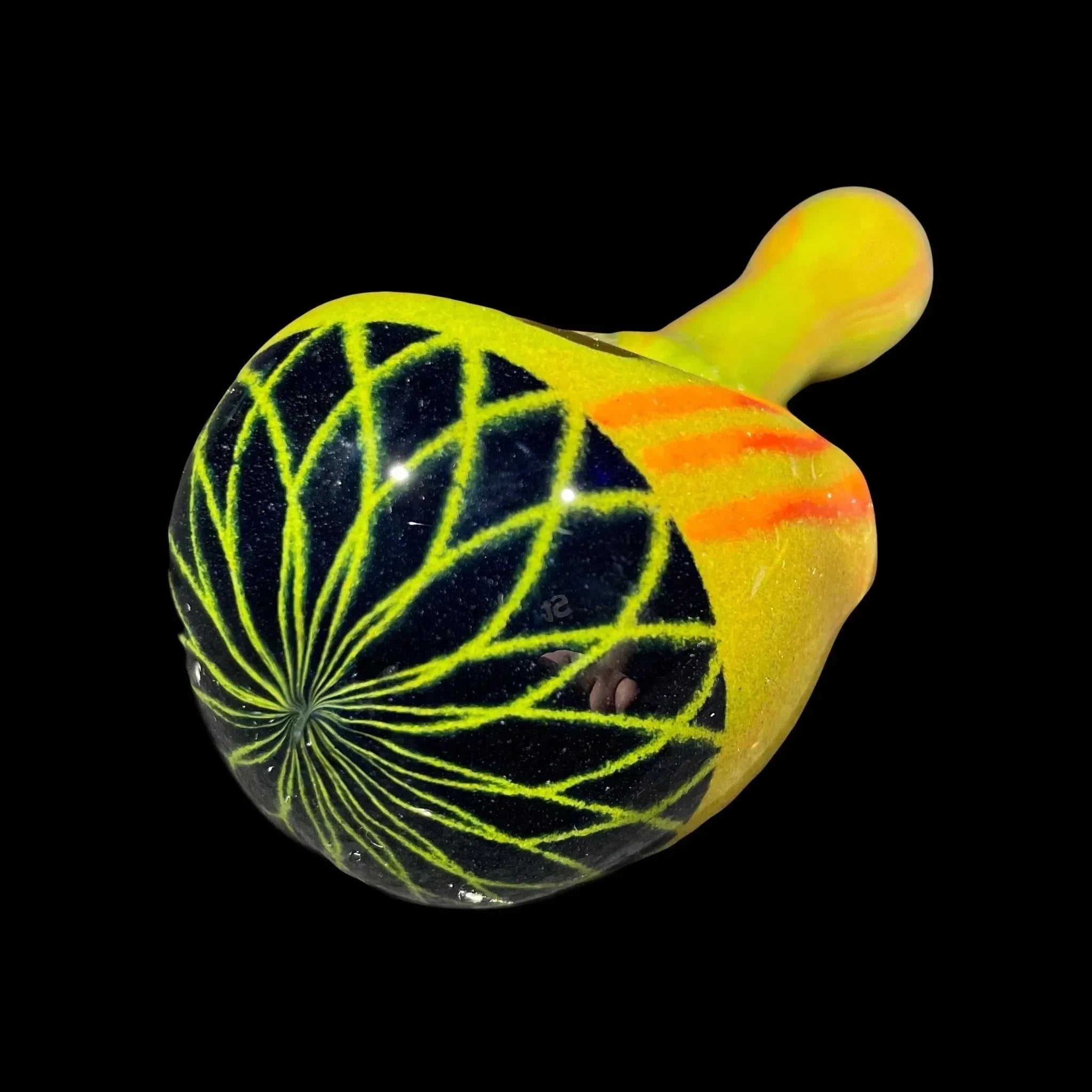 Colorful glass hand pipe with neon yellow, orange accents and geometric spiral design