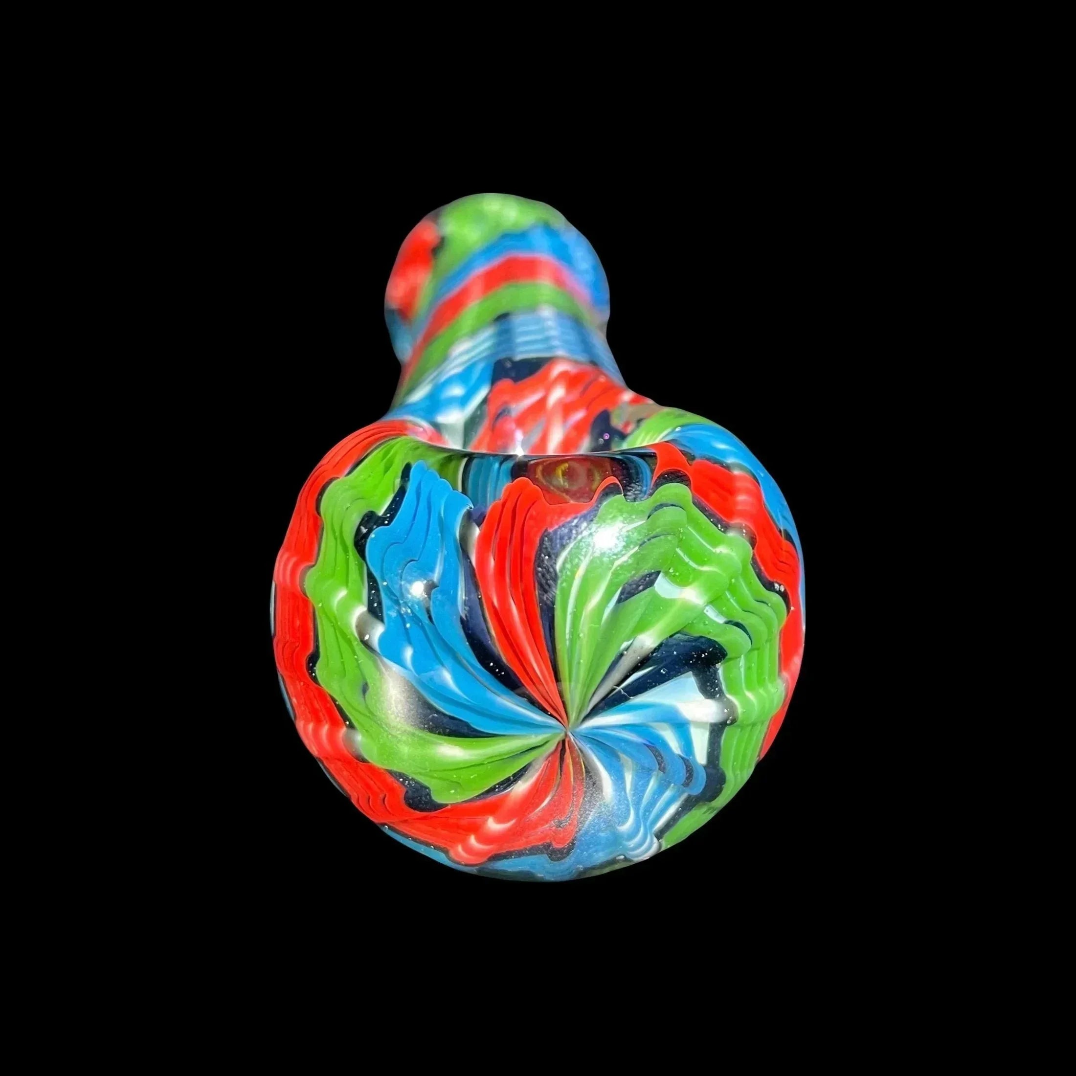 Hand-blown glass pipe with vibrant swirl pattern in red, blue, green, and white on black background