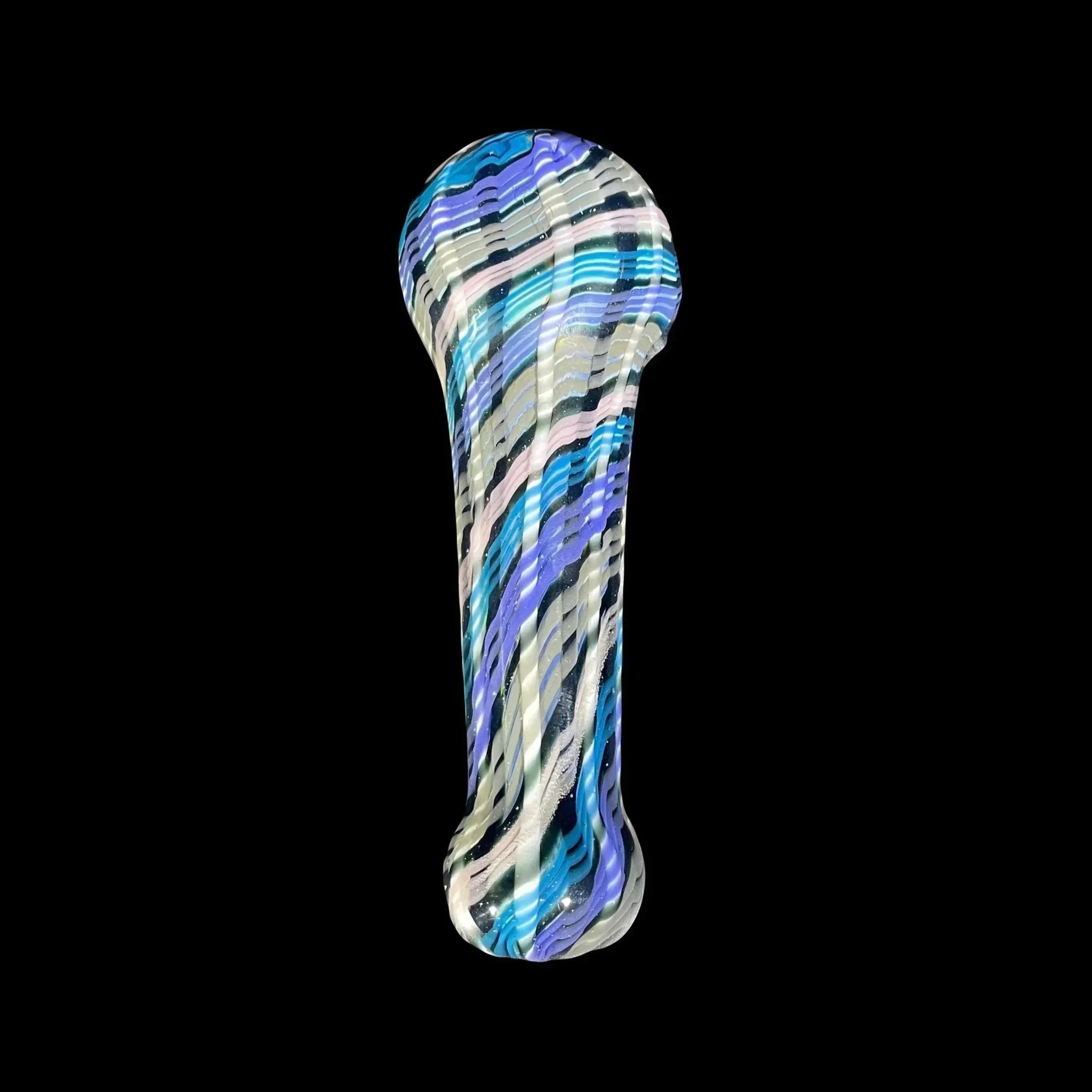 Colorful hand-blown glass pipe with blue, white, and black swirl pattern on black background.
