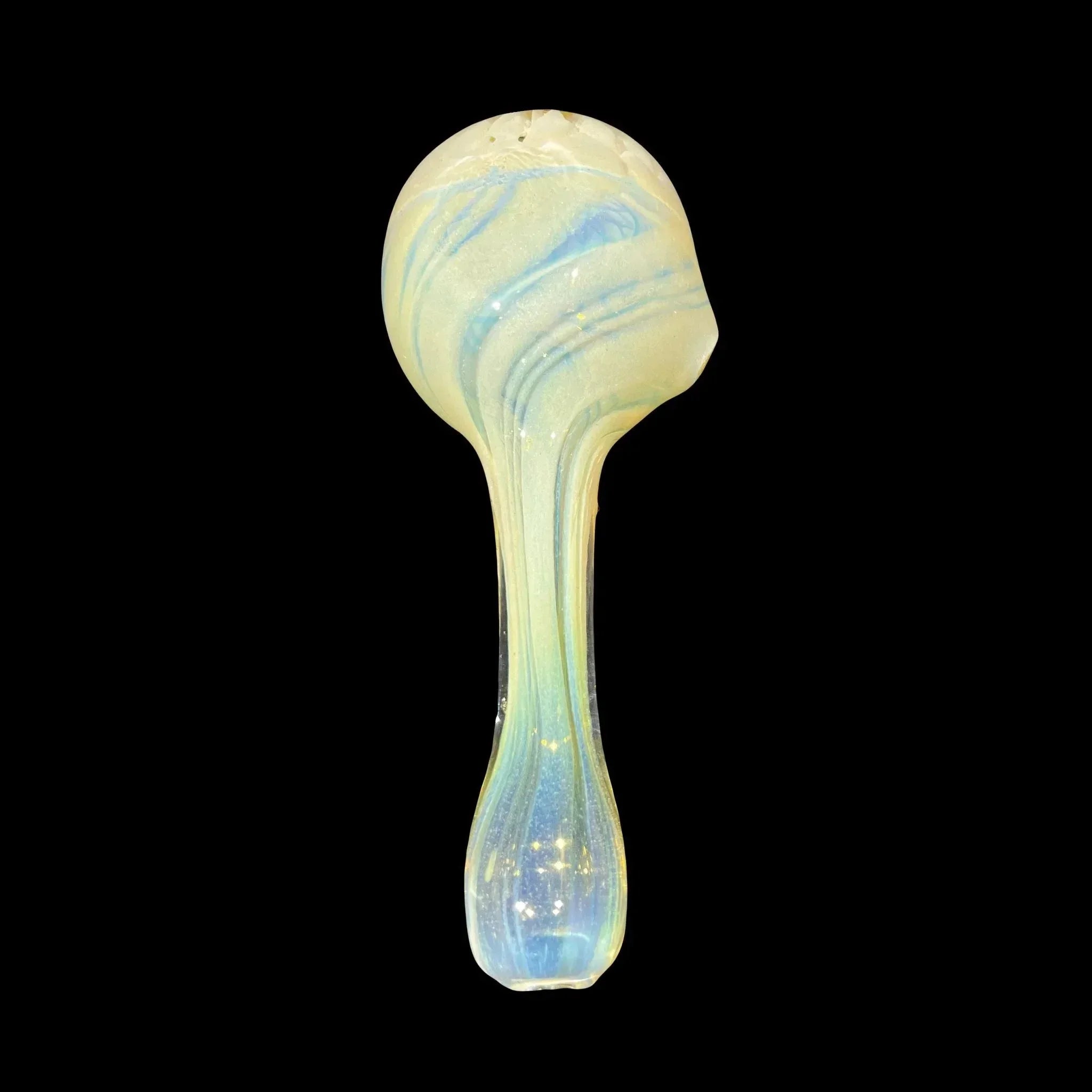 Iridescent glass hand pipe with blue and gold swirls against a black background