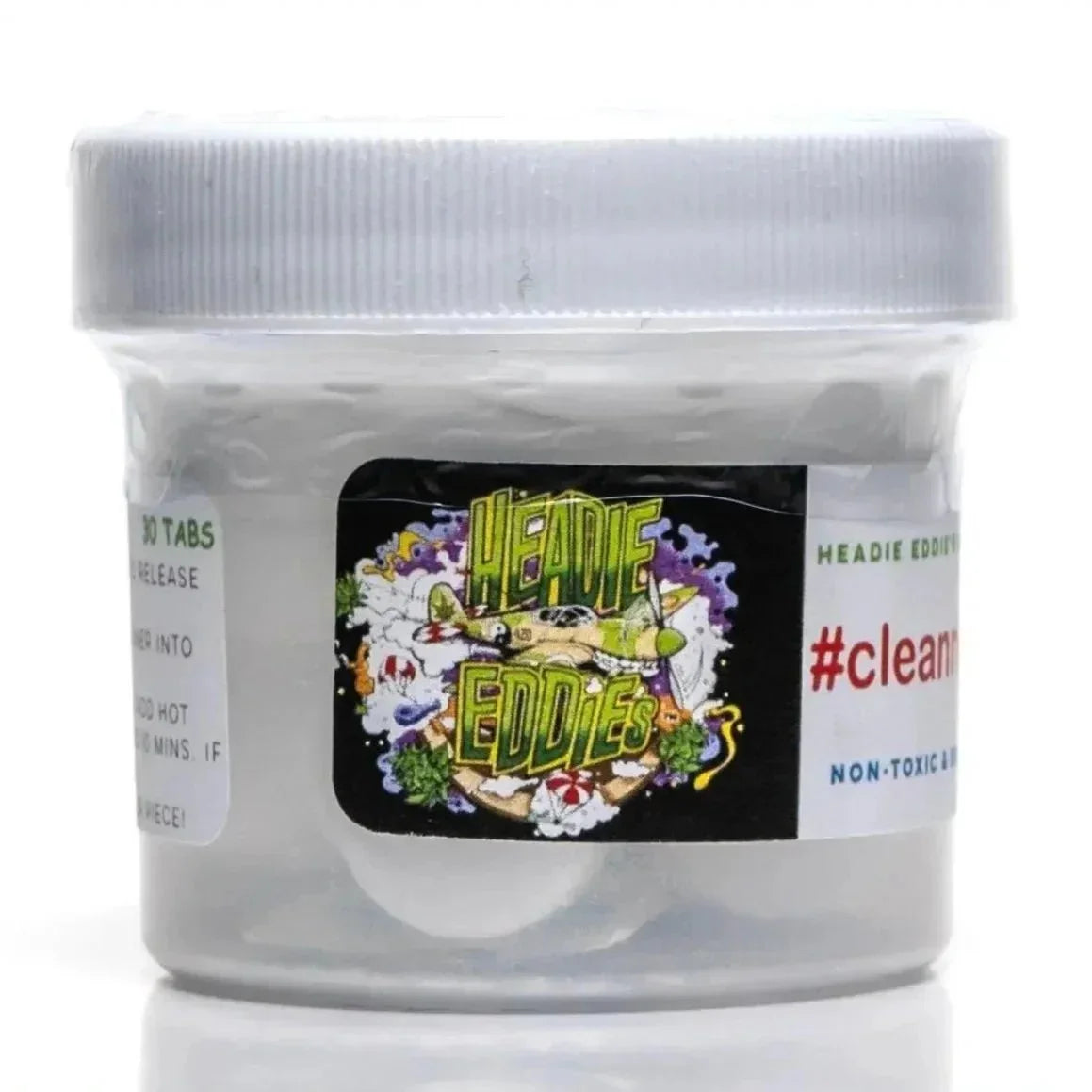 Heady Eddies glass cleaning tablets in a clear plastic jar with colorful label.