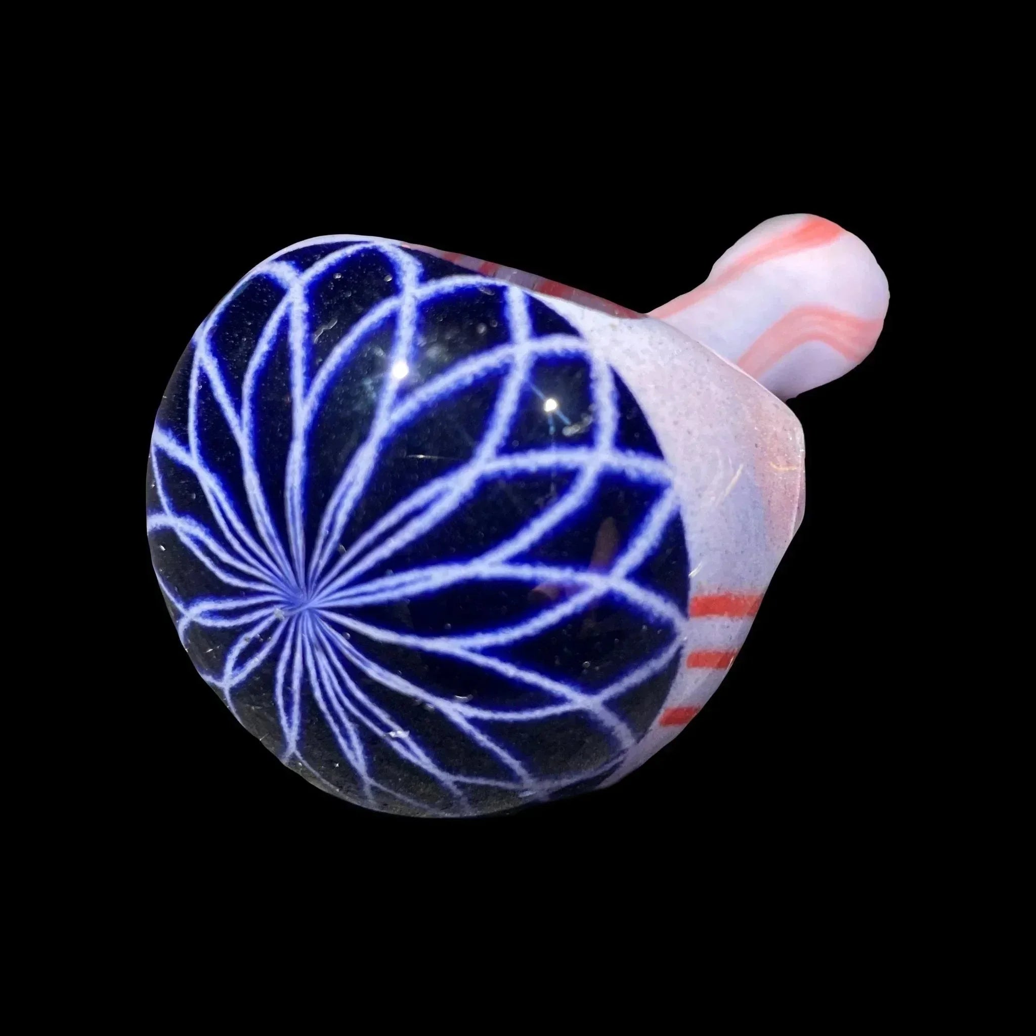 Hand-blown glass pipe with blue and white spiral design, colorful bowl, and striped stem