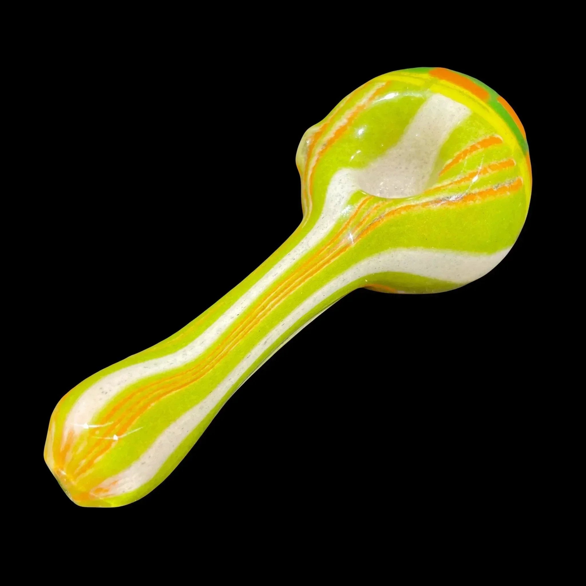 Colorful glass hand pipe with green, orange, and white swirl design on black background