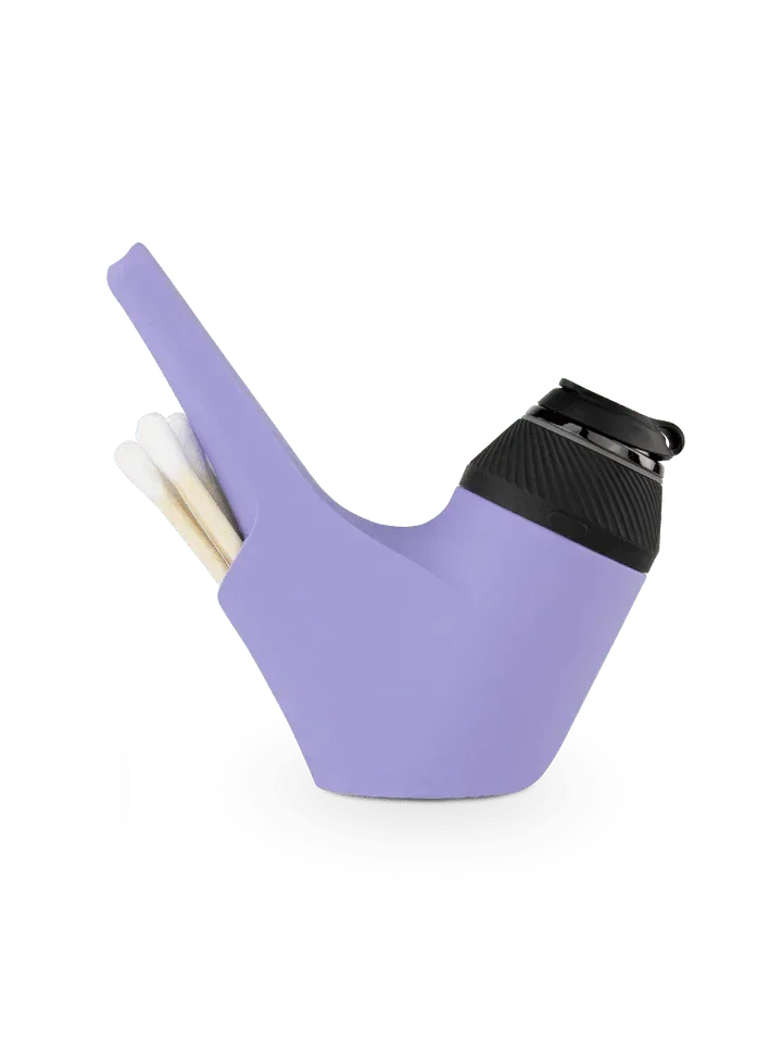 Purple silicone smoking pipe with black lid and built-in storage, isolated on white background
