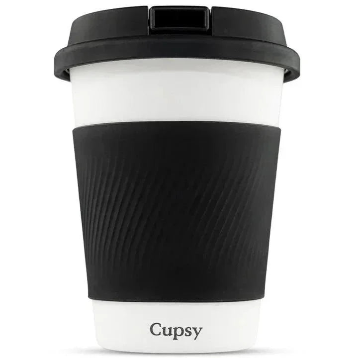 Cupsy portable cup-shaped storage container with black lid and grip sleeve