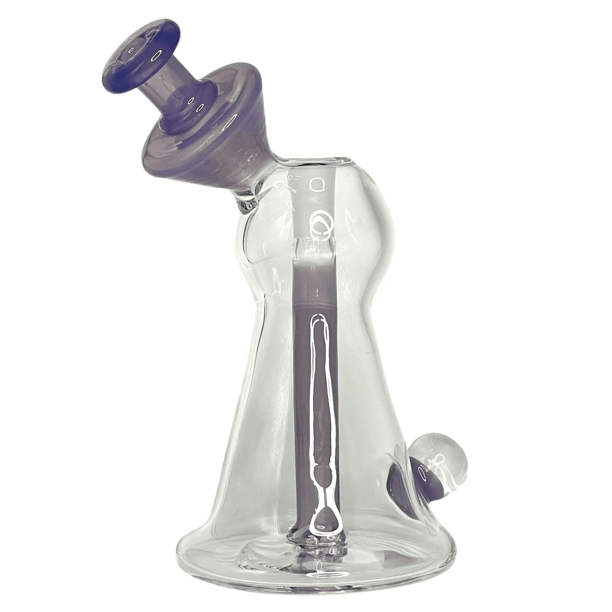 Clear glass water pipe with purple accents, modern design, smoking accessory