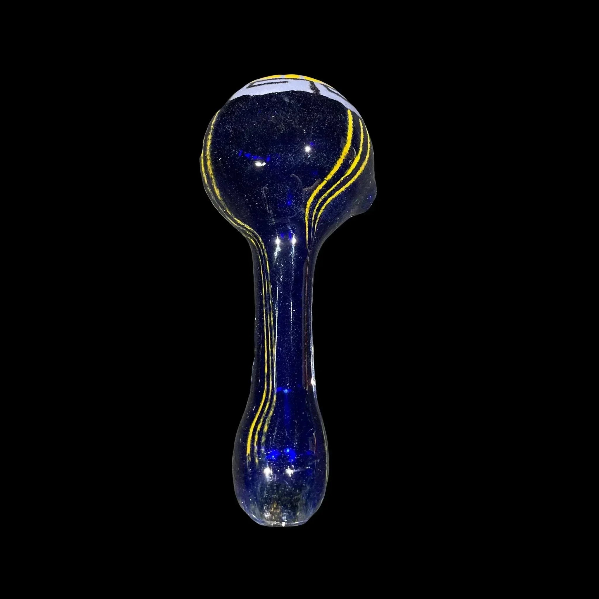 Blue glass hand pipe with yellow accent stripes on a black background