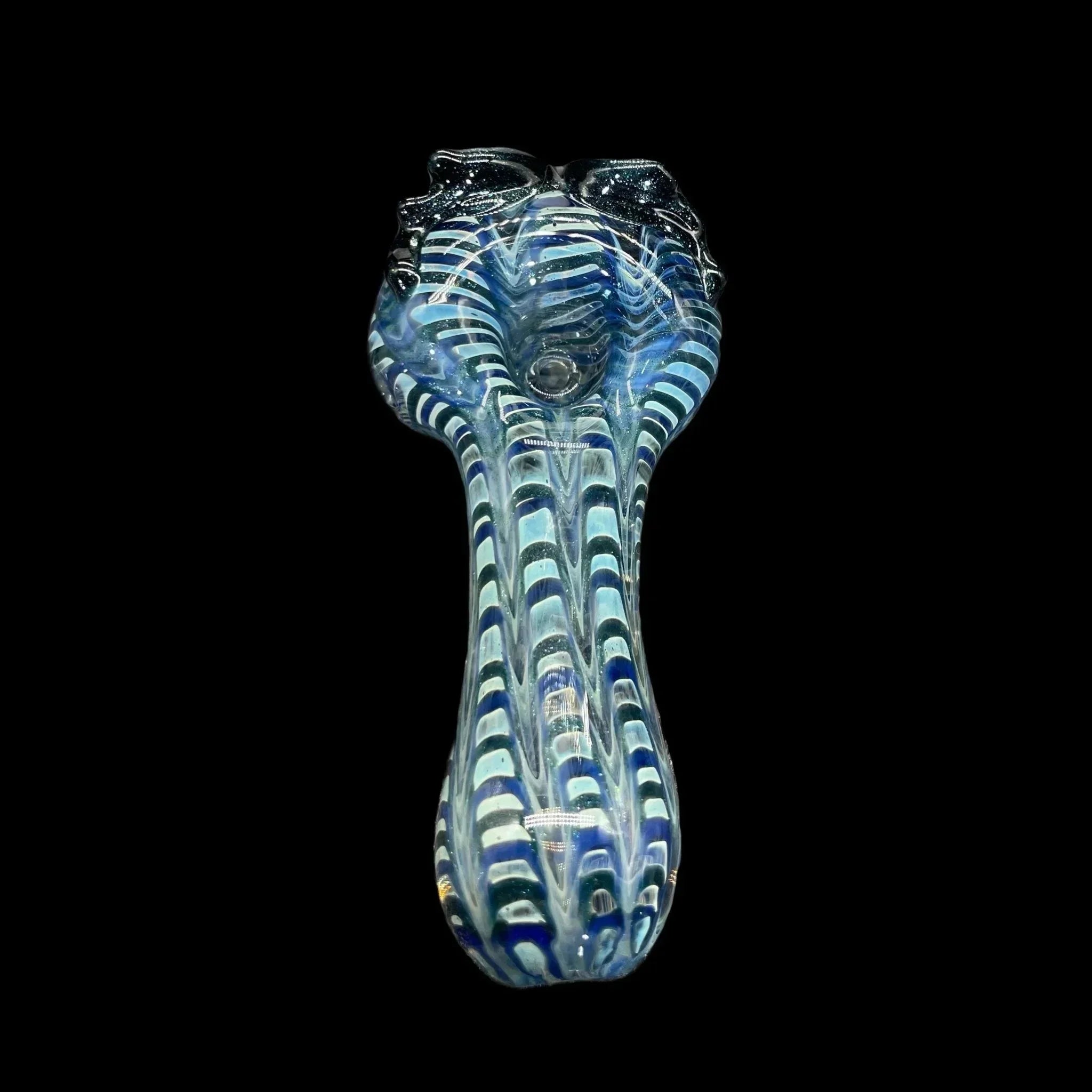 Hand-blown glass pipe with blue and white swirling stripes on a black background