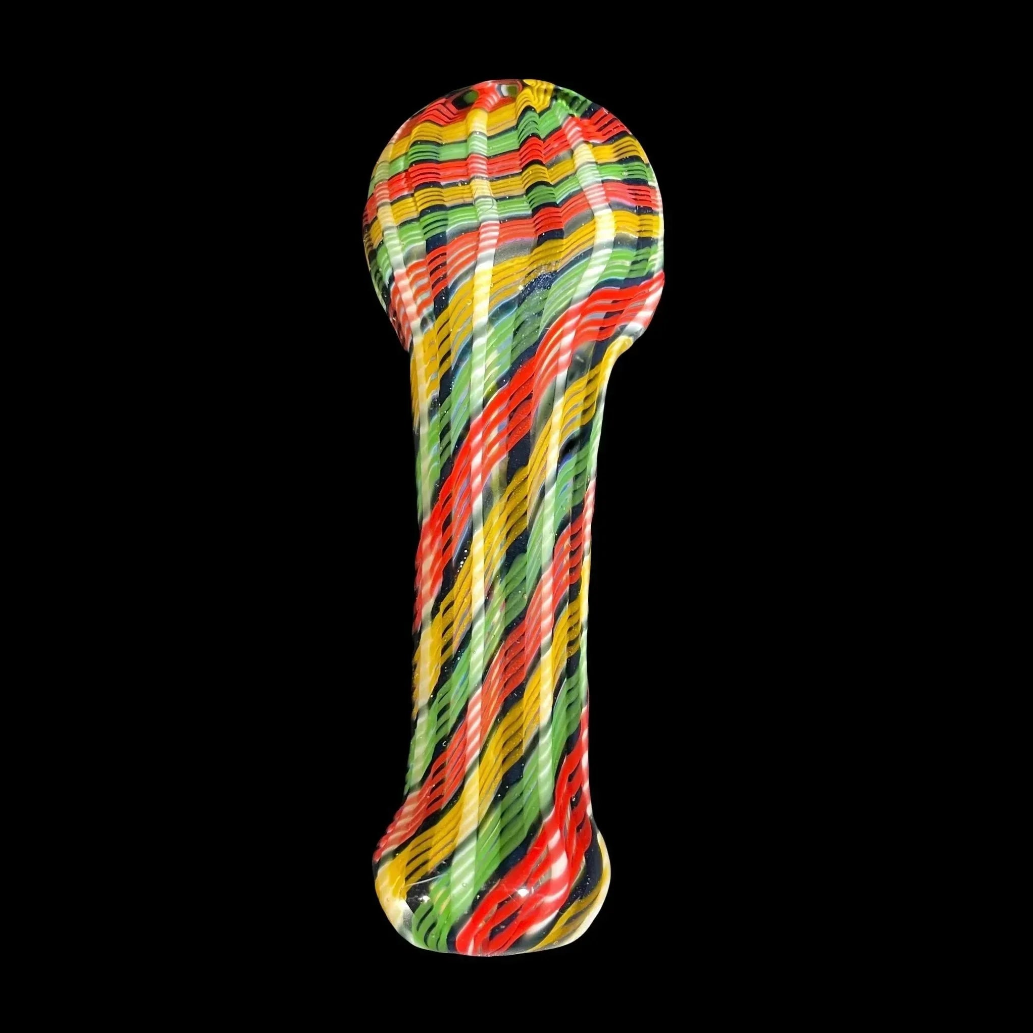 Colorful striped glass hand pipe with red, green, yellow, and black swirls on black background.