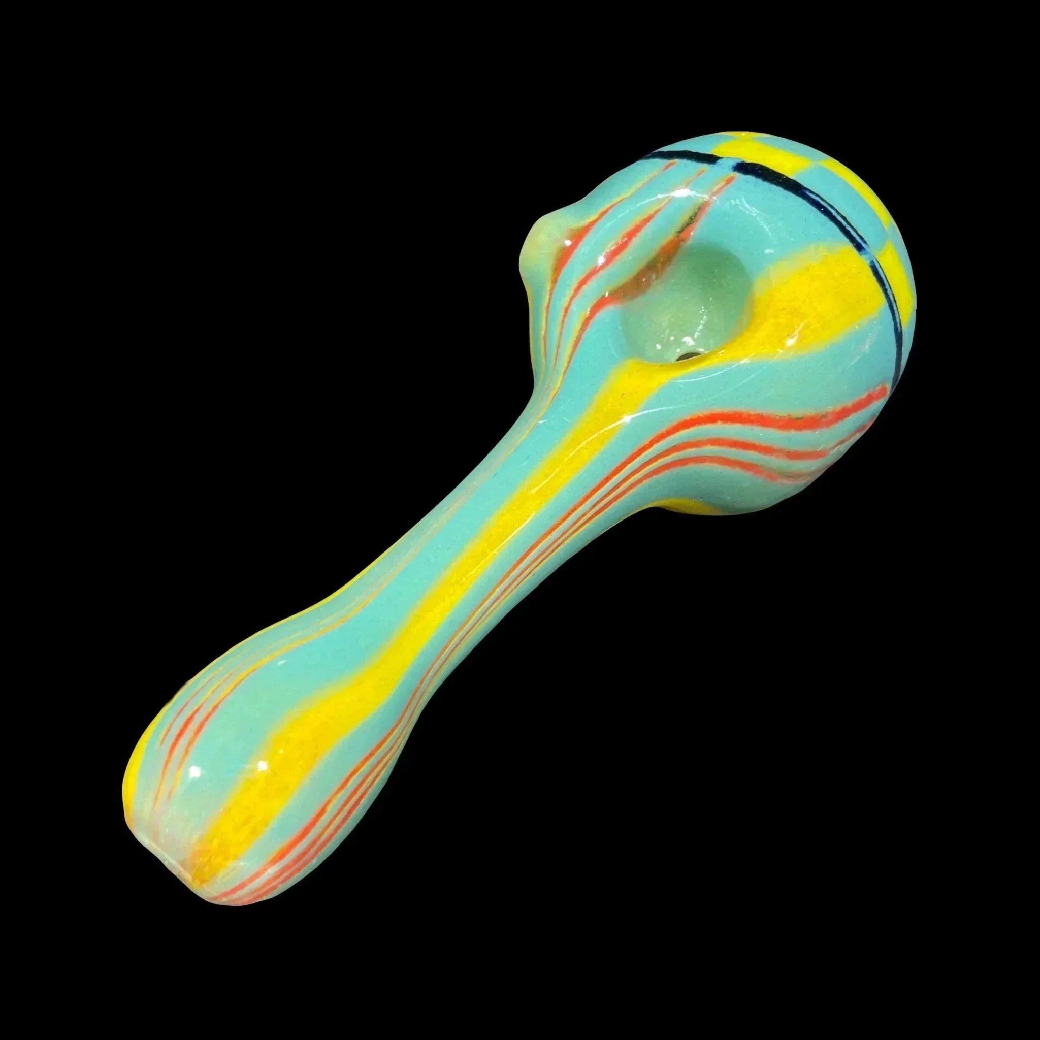 Colorful glass hand pipe with yellow, blue, and red stripes on a black background