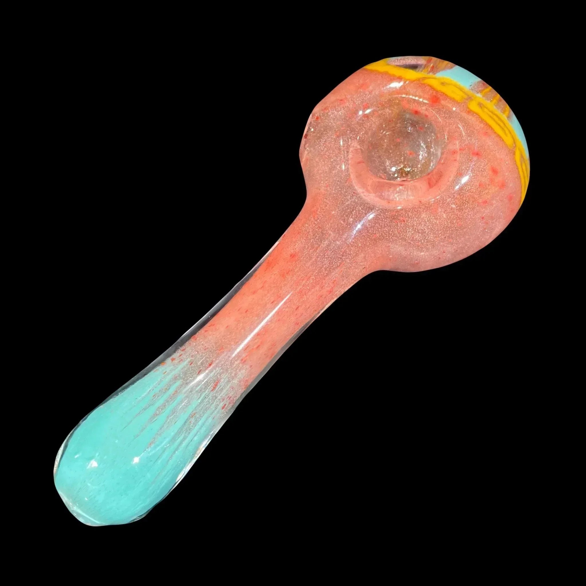 Colorful glass hand pipe with pink, blue, and yellow accents on black background