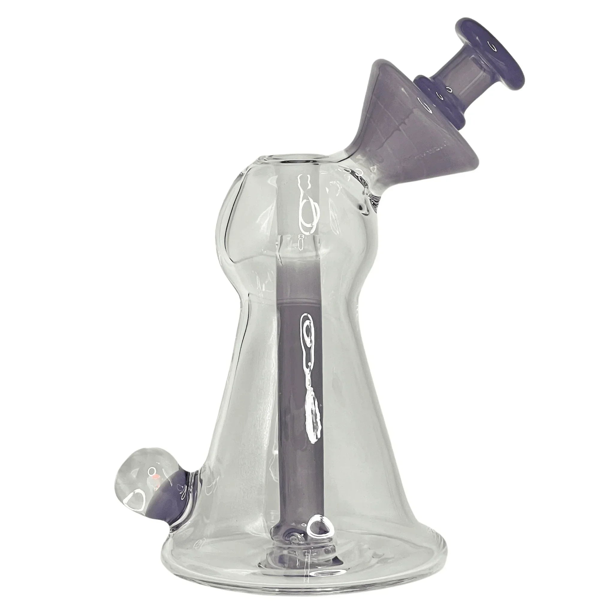 Clear and purple glass water pipe with angled mouthpiece and unique geometric design