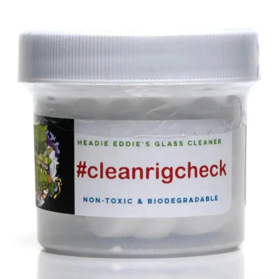 Headie Eddie's glass cleaner container with #cleanrigcheck label, non-toxic, biodegradable