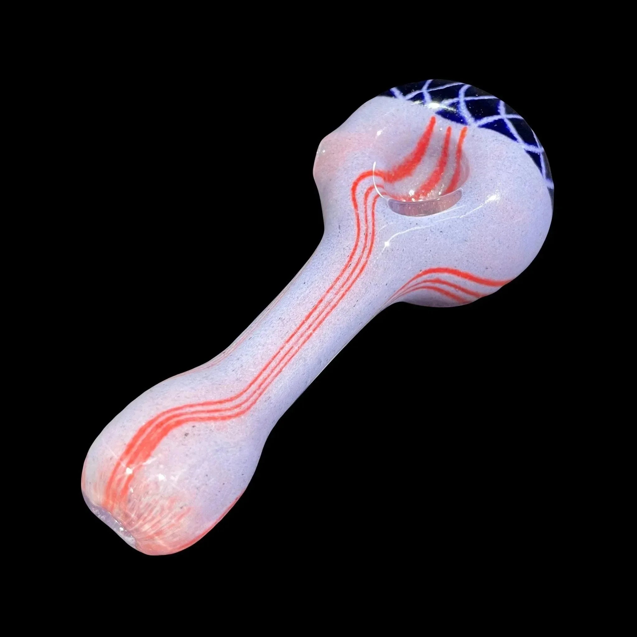 Hand-blown glass pipe with red swirl pattern and blue lattice design on the bowl