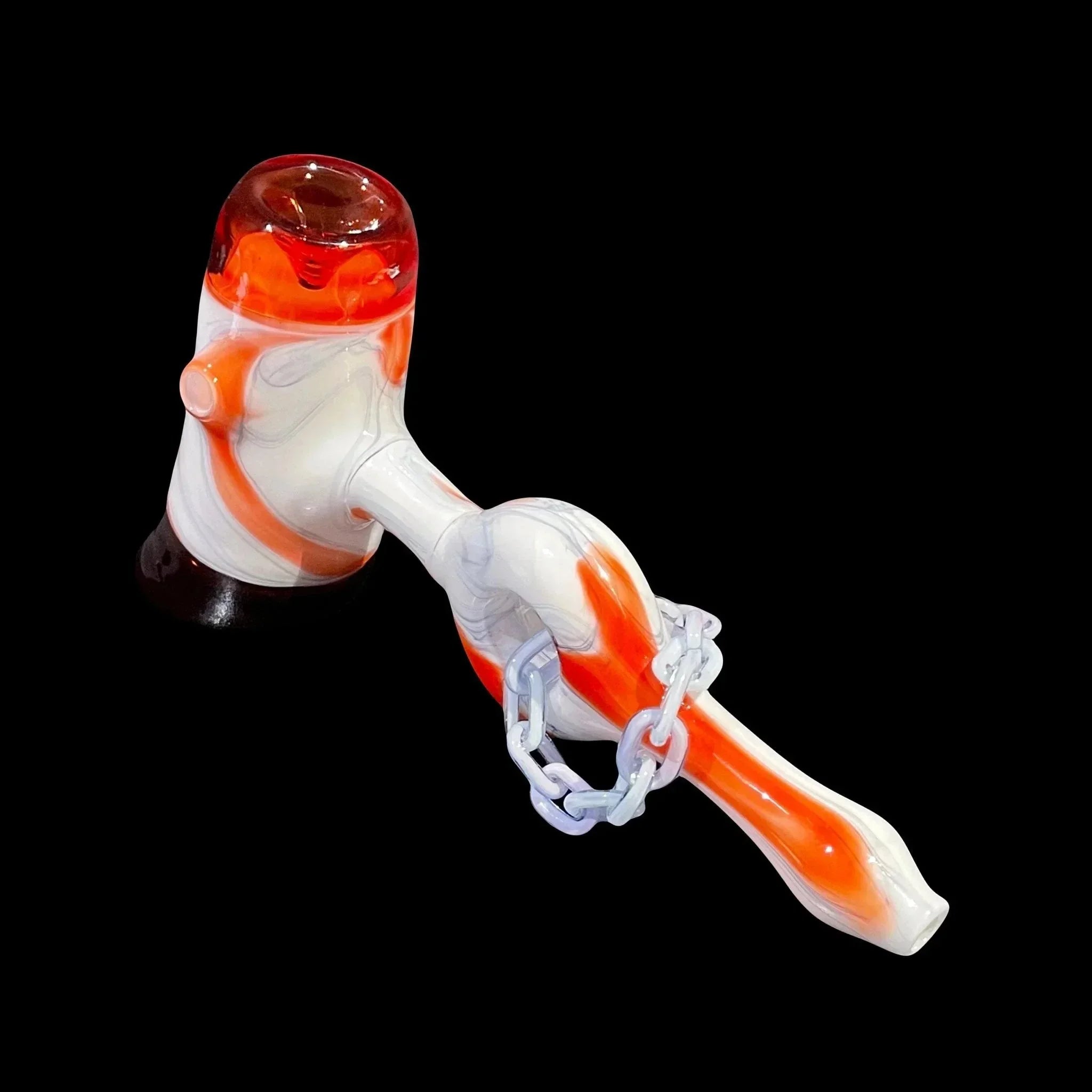 Hand-blown glass hammer pipe with orange and white swirls and decorative chain.