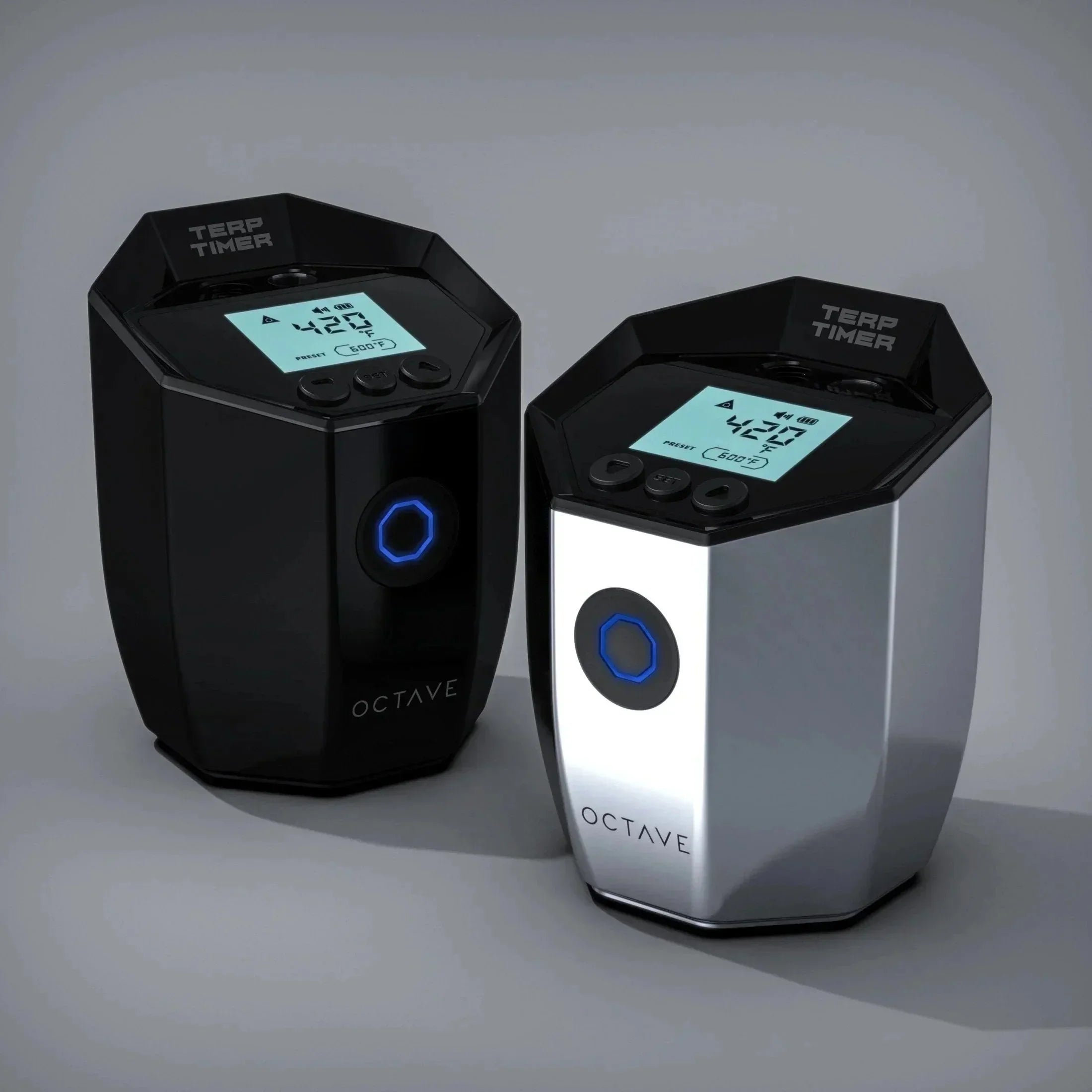 Octave Terp Timer vaporizers with digital displays and blue LED accents