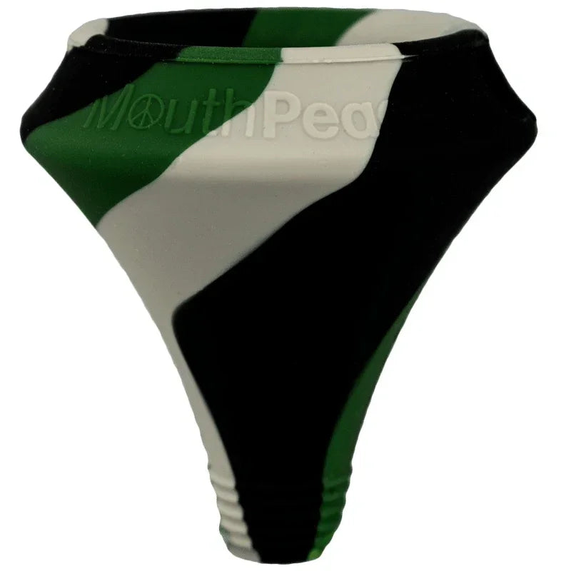 Green, white, and black silicone mouthpiece with MouthPeace logo for vaporizers and glass pipes