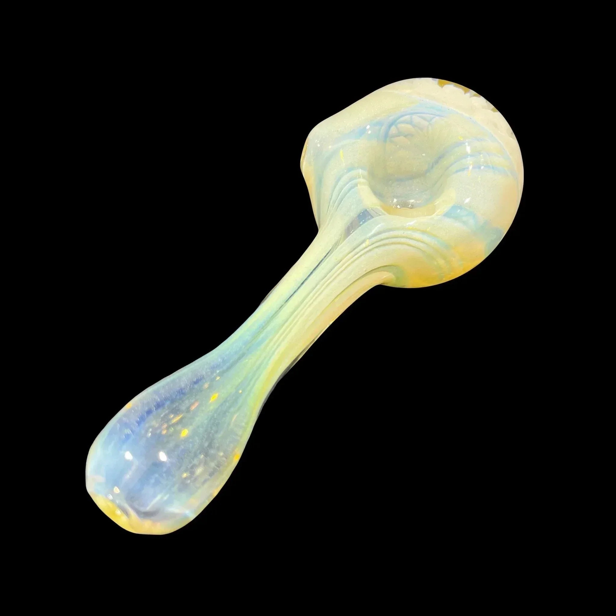 Iridescent glass hand pipe with opal tones on a black background