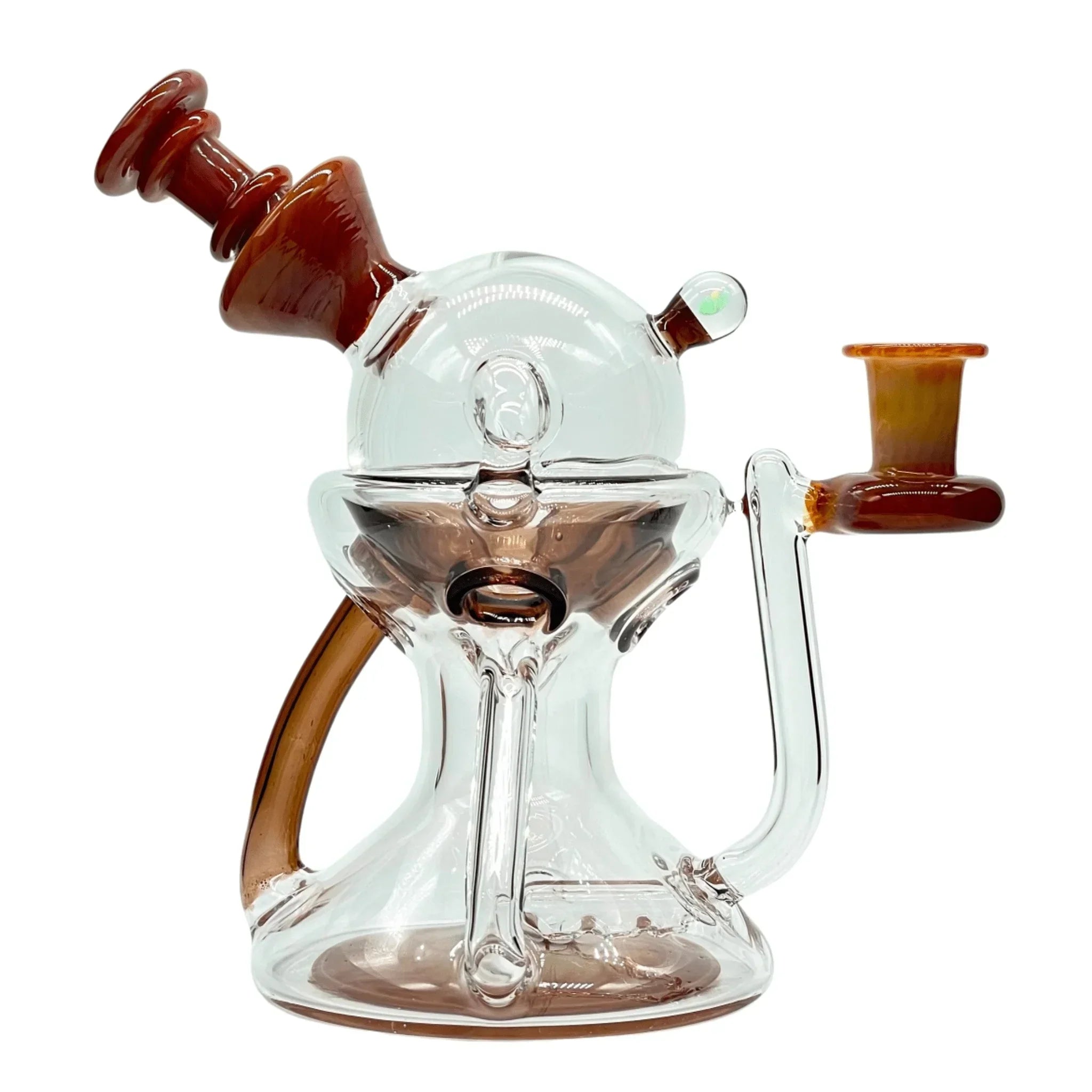 Clear and amber recycler glass water pipe with unique artistic design on white background