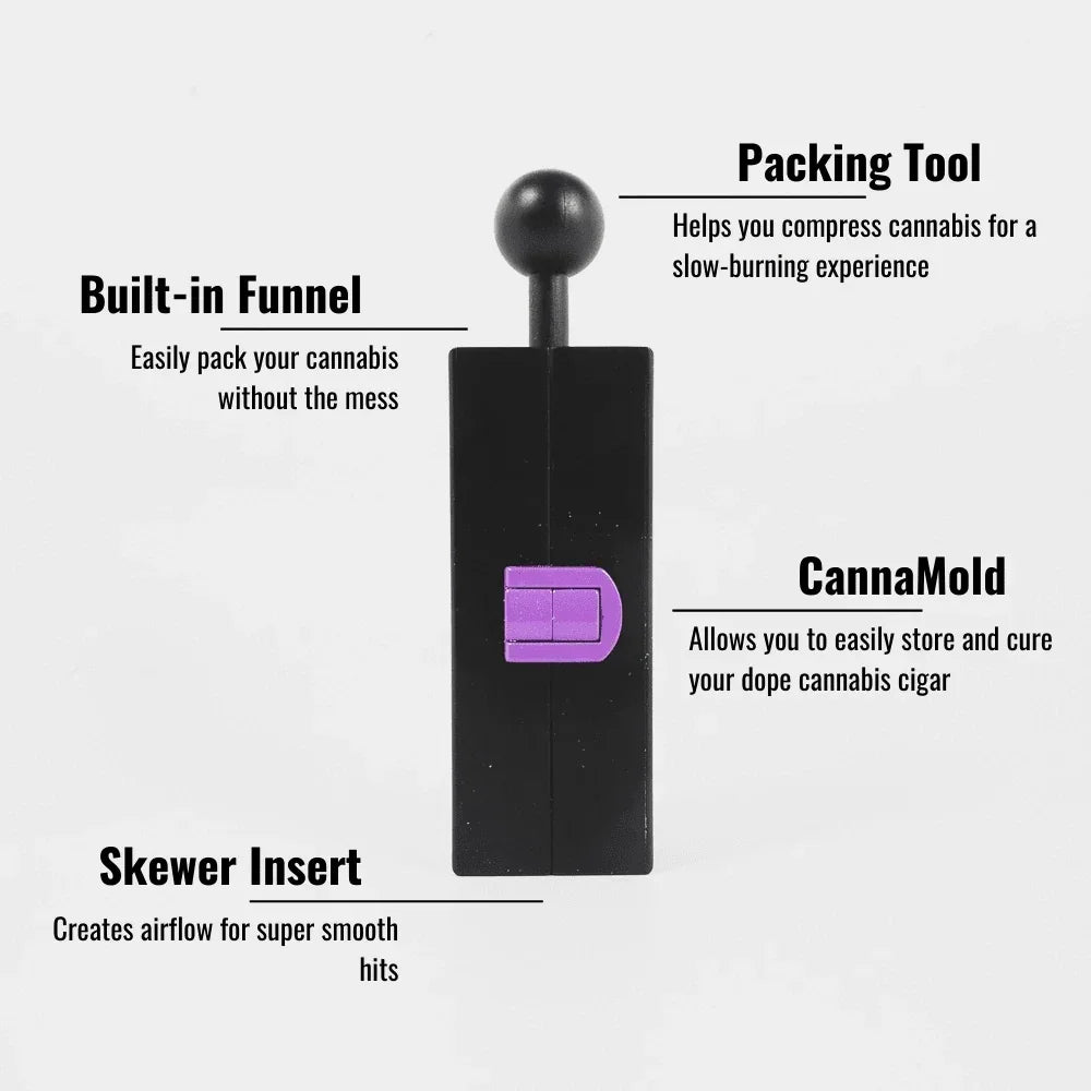 Black and purple CannaMold tool with built-in funnel, skewer insert, and packing tool for cannabis cigars.
