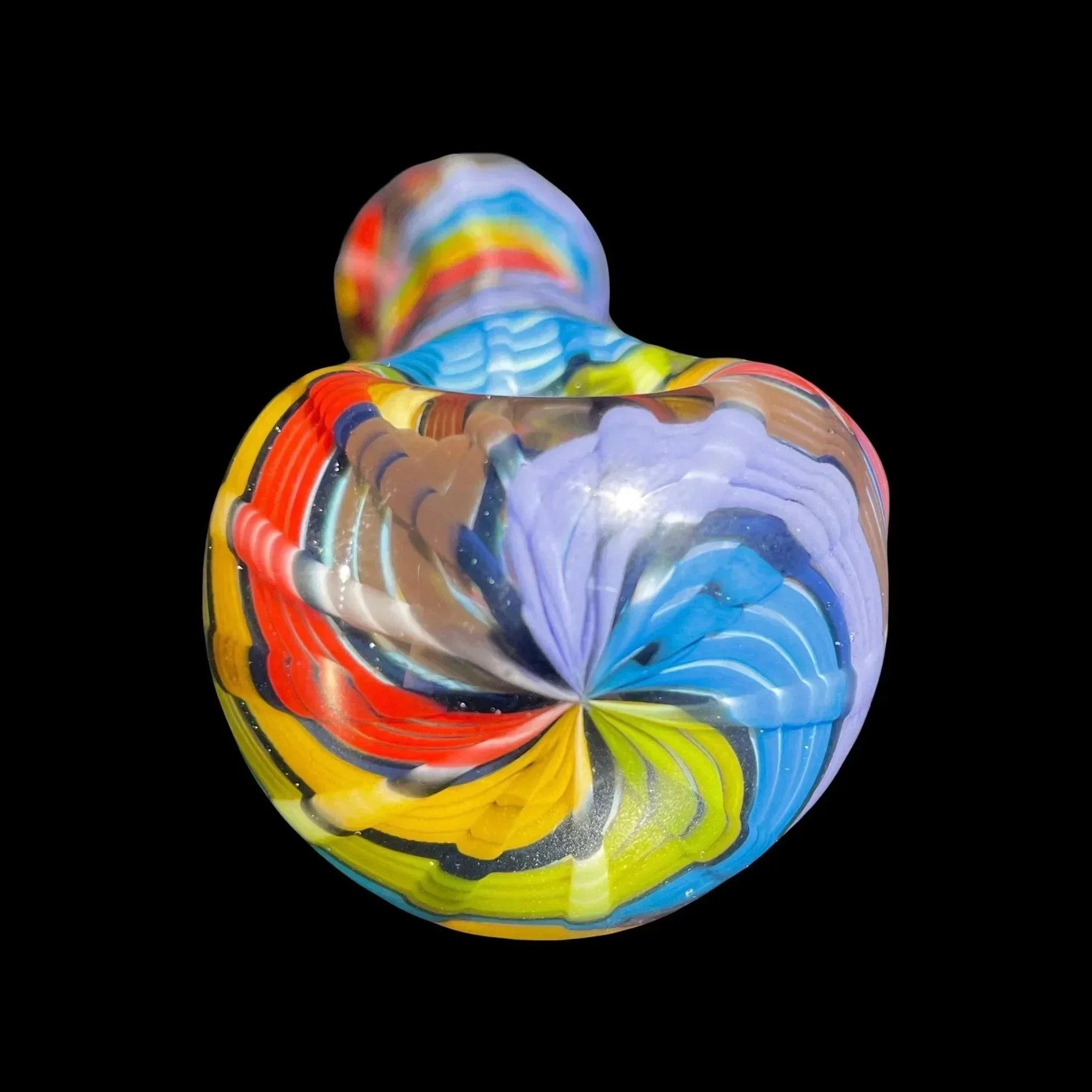 Colorful hand-blown glass pipe with vibrant swirl pattern on a black background