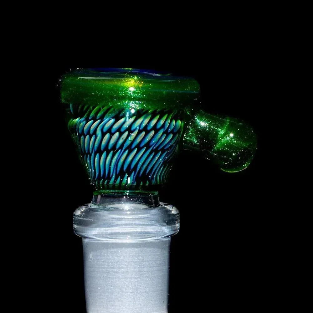 Colorful glass bowl slide with green and blue swirled pattern for water pipe