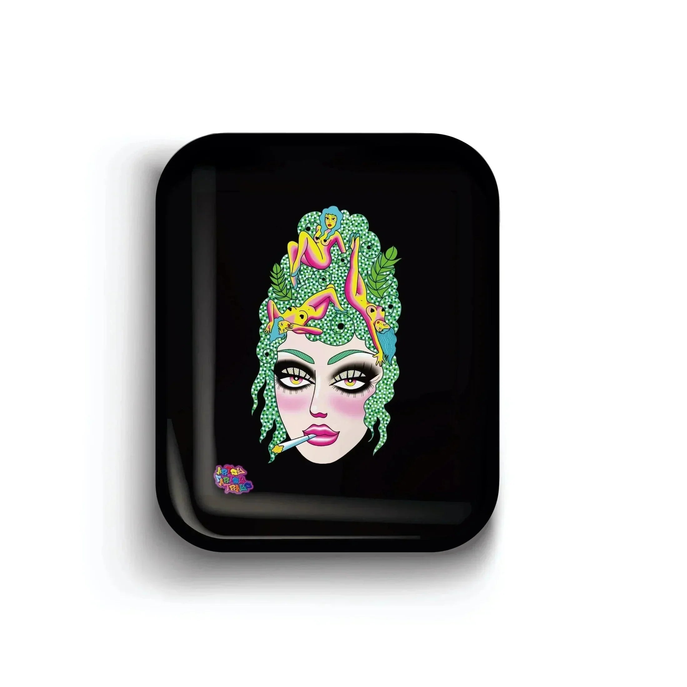 Black rolling tray with colorful illustrated woman's face, smoking, with green hair and leaf accents.