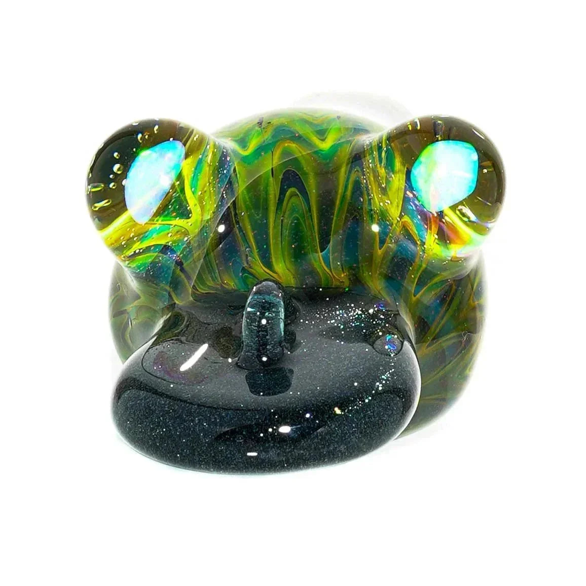 Colorful glass spoon pipe shaped like a frog with swirling green and black details
