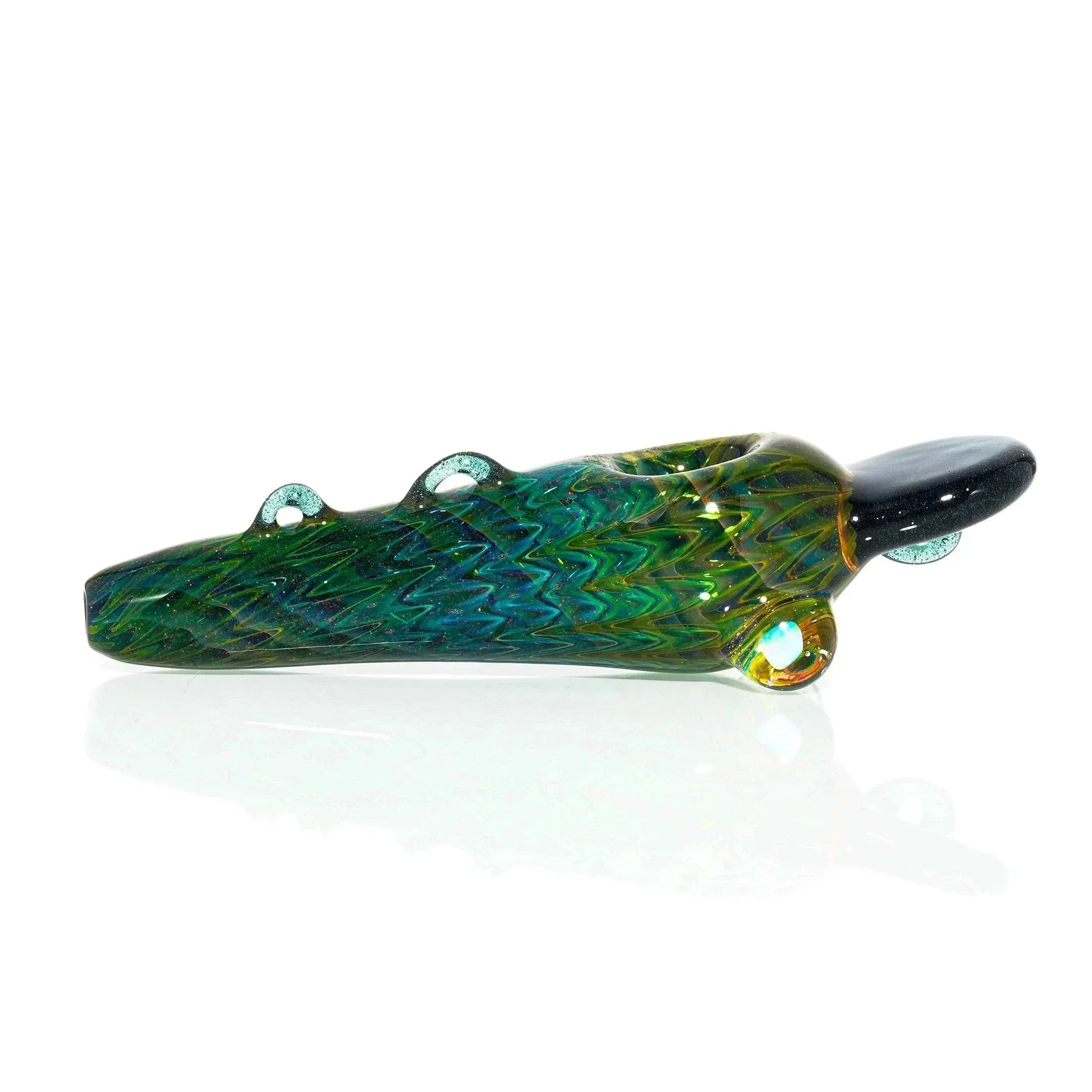 Hand-blown glass spoon pipe with green fish scale design and decorative fins