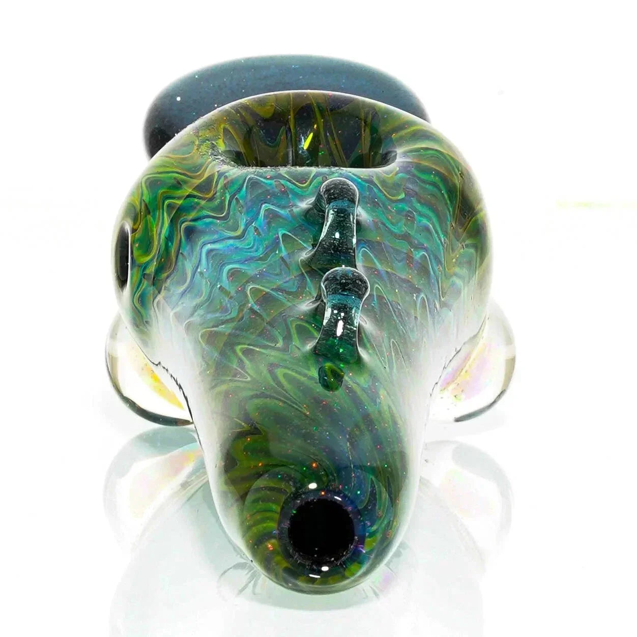 Hand-blown glass spoon pipe with iridescent fish design and colorful swirls