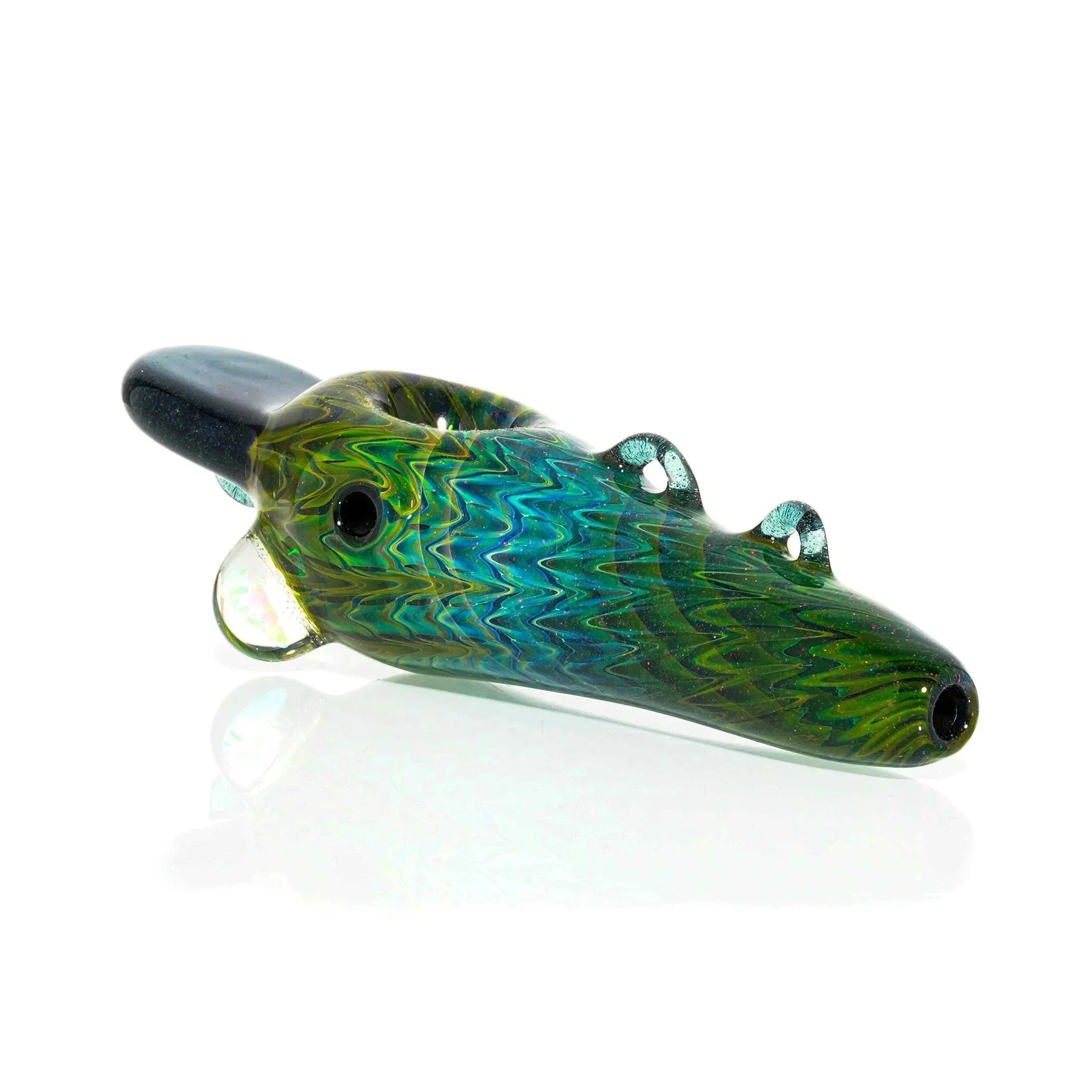Colorful glass hand pipe shaped like a fish with detailed fins and scale patterns