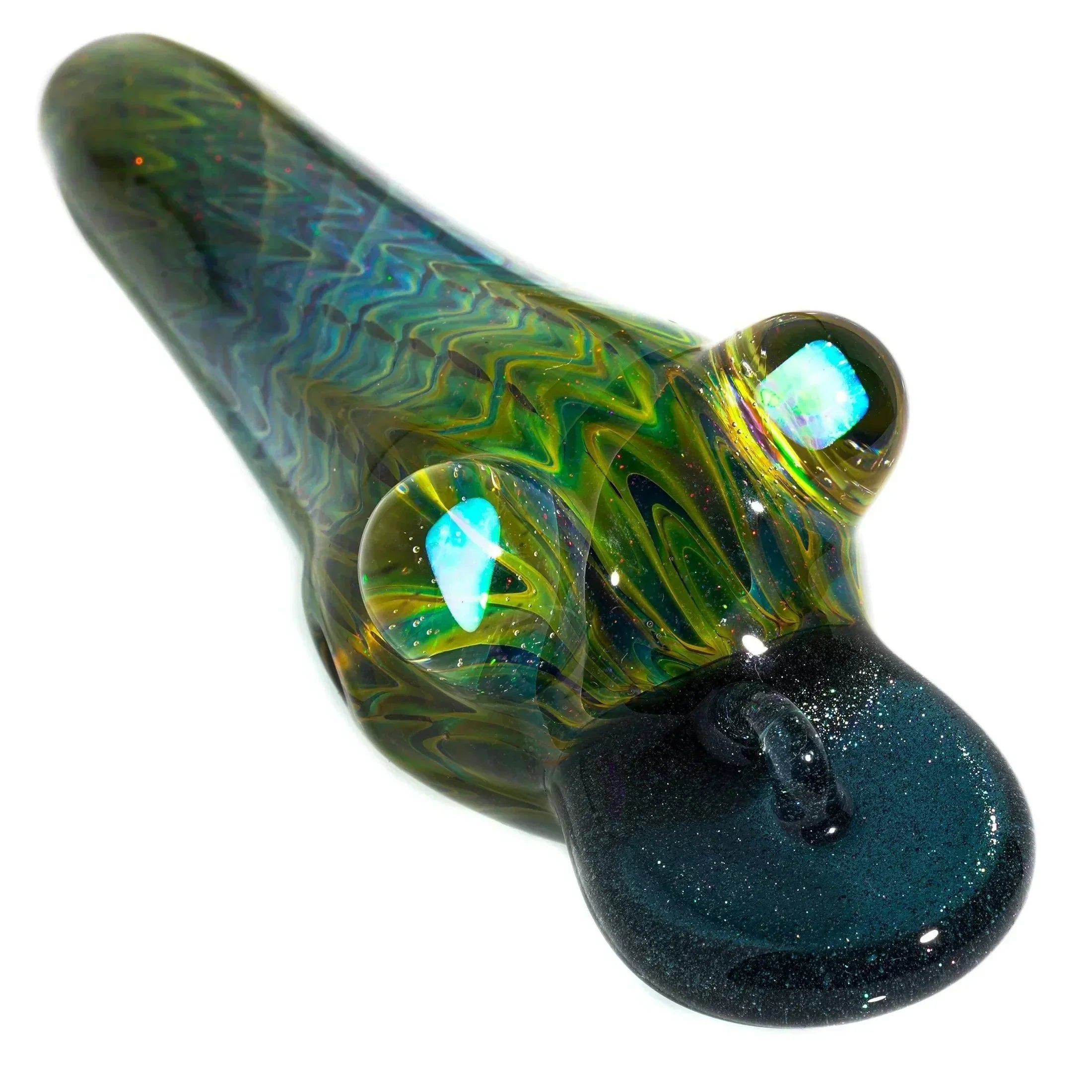 Handcrafted glass spoon pipe with iridescent, fish-inspired design and opal accents