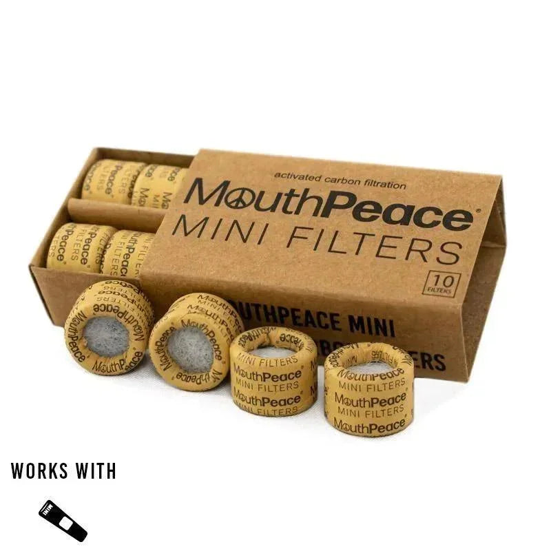 MouthPeace Mini Filters 10-pack with activated carbon filtration for smoking accessories.