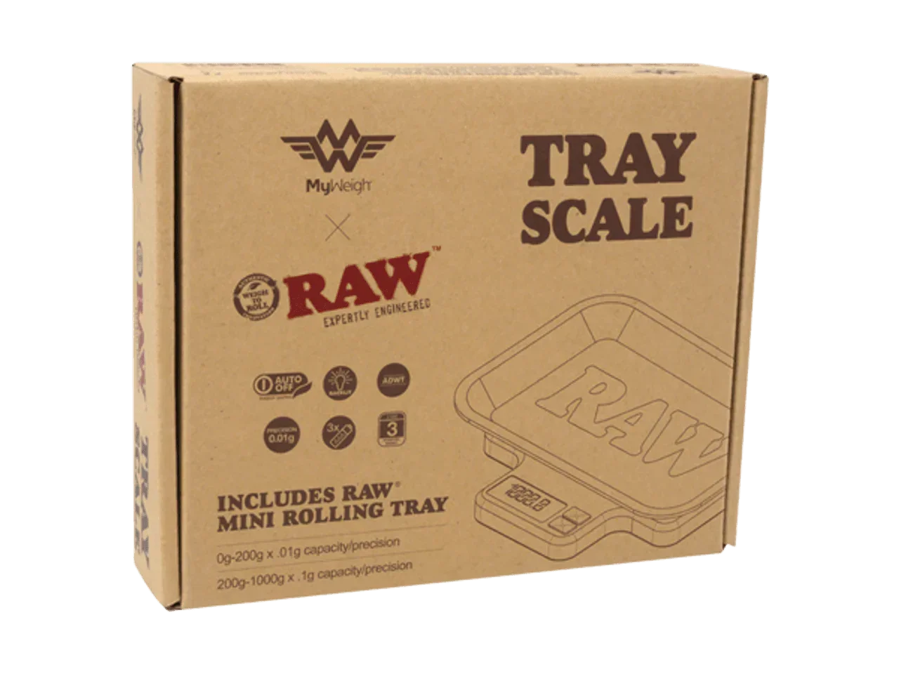 RAW tray scale packaging with mini rolling tray illustration and product features