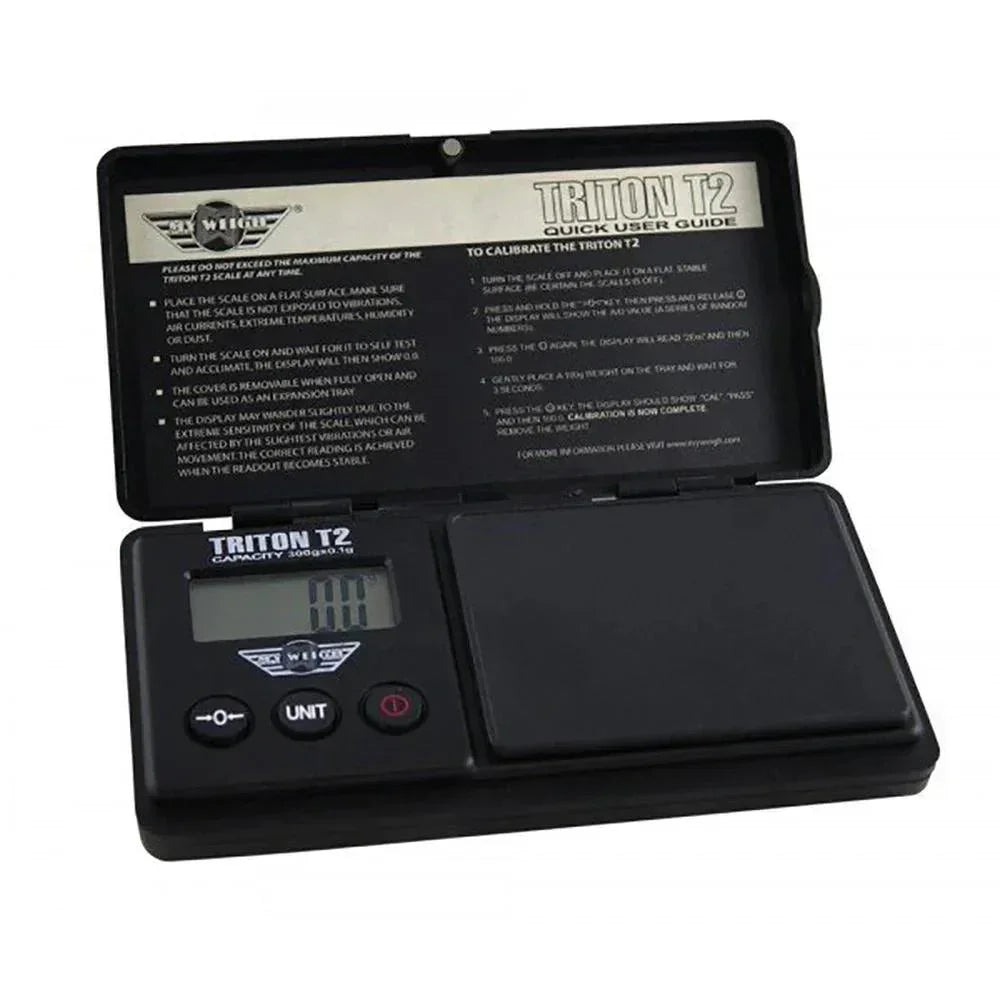 Triton T2 digital pocket scale with LCD display and flip-open lid, 300g x 0.1g capacity