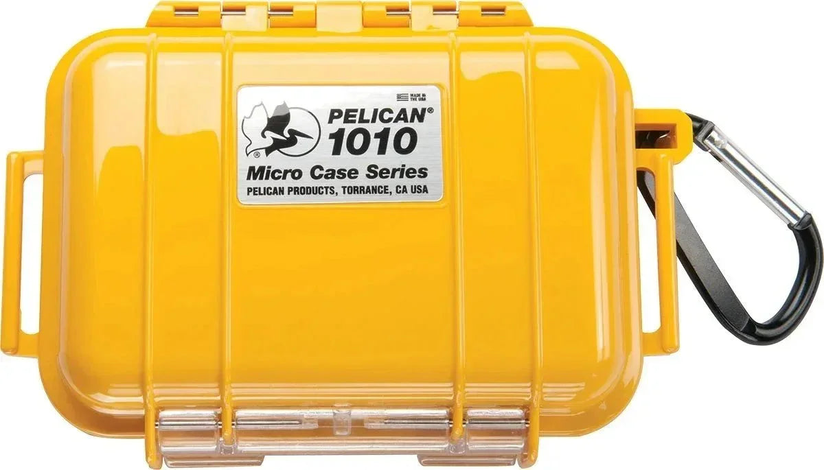 Yellow Pelican 1010 Micro Case with carabiner, waterproof protective storage for accessories