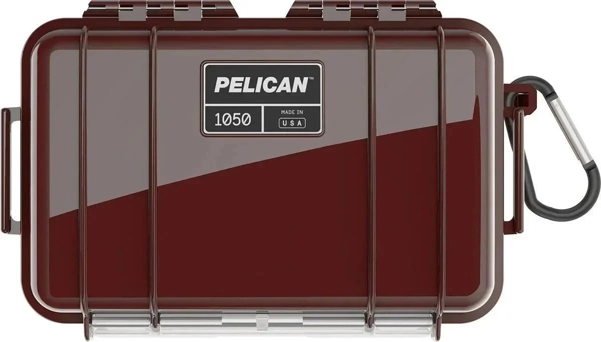 Pelican 1050 waterproof case, made in USA, burgundy and gray, with carabiner clip