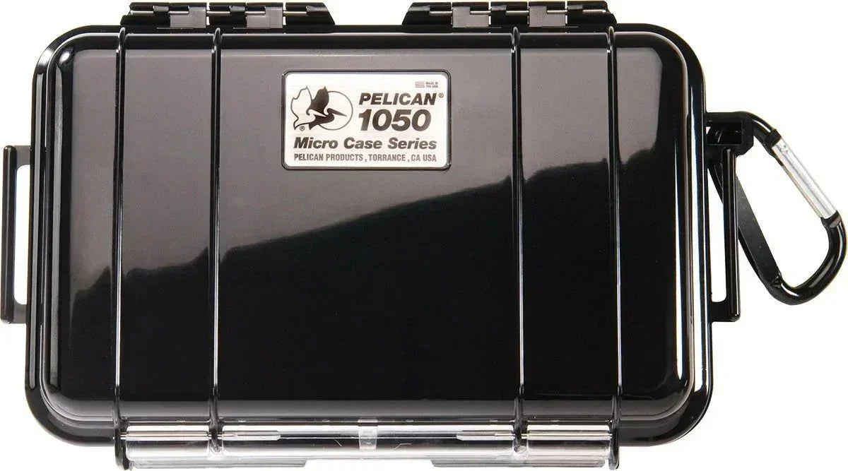 Black Pelican 1050 Micro Case with carabiner, durable waterproof storage for accessories