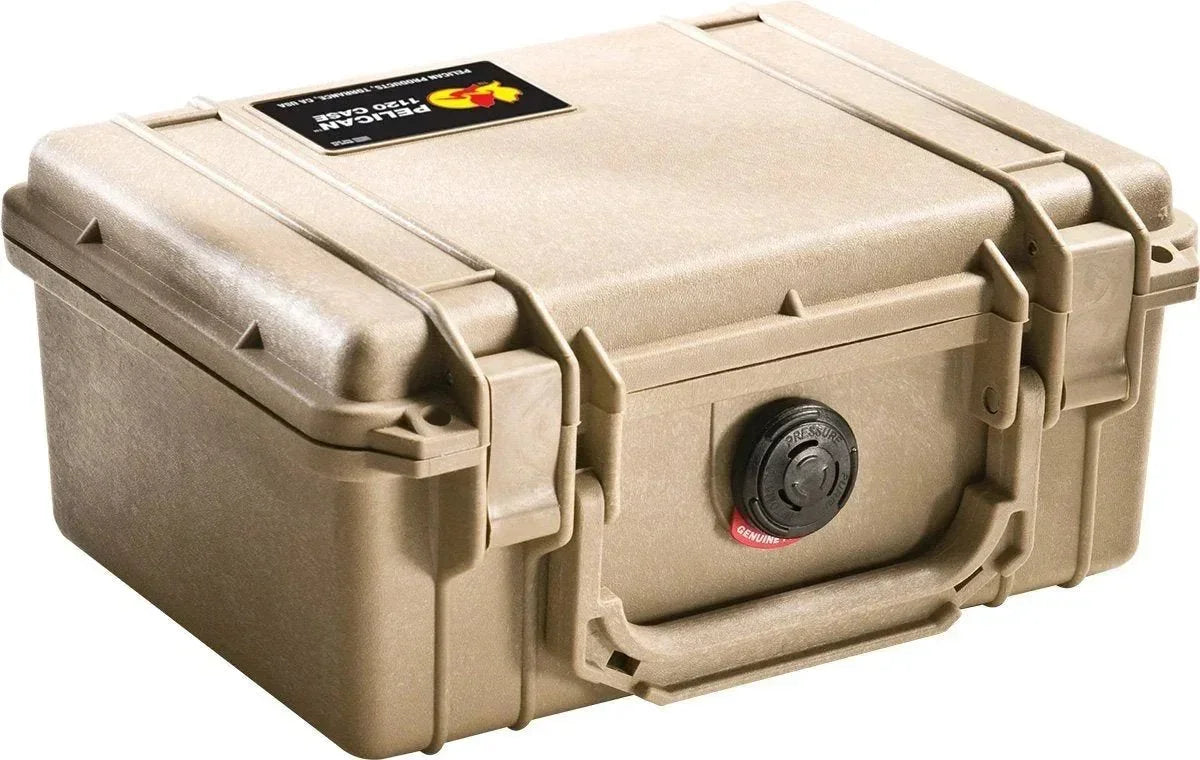 Tan Pelican 1120 hard case with secure latches and pressure valve for gear protection