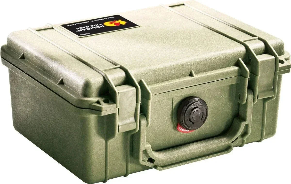 Olive green Pelican 1120 case with pressure relief valve and secure latches
