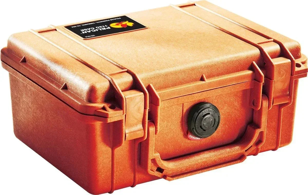 Orange Pelican 1120 case with pressure valve, rugged waterproof storage for gear