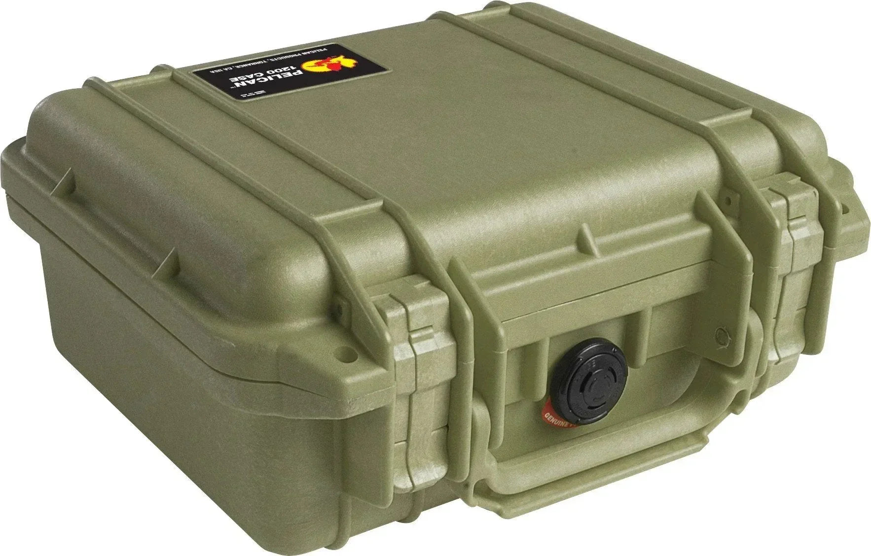 Olive green Pelican 1200 case with secure latches and pressure relief valve