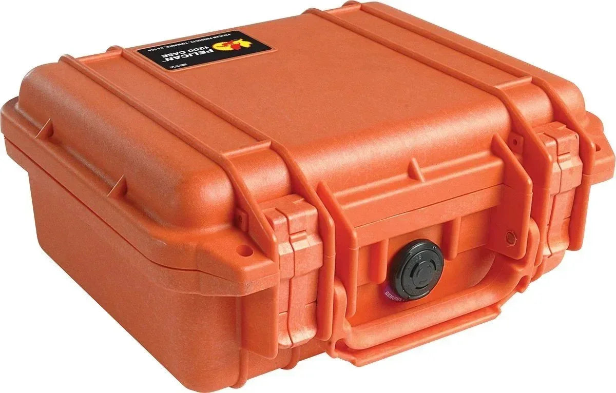 Orange Pelican 1300 case with secure latches and pressure valve, rugged protective storage